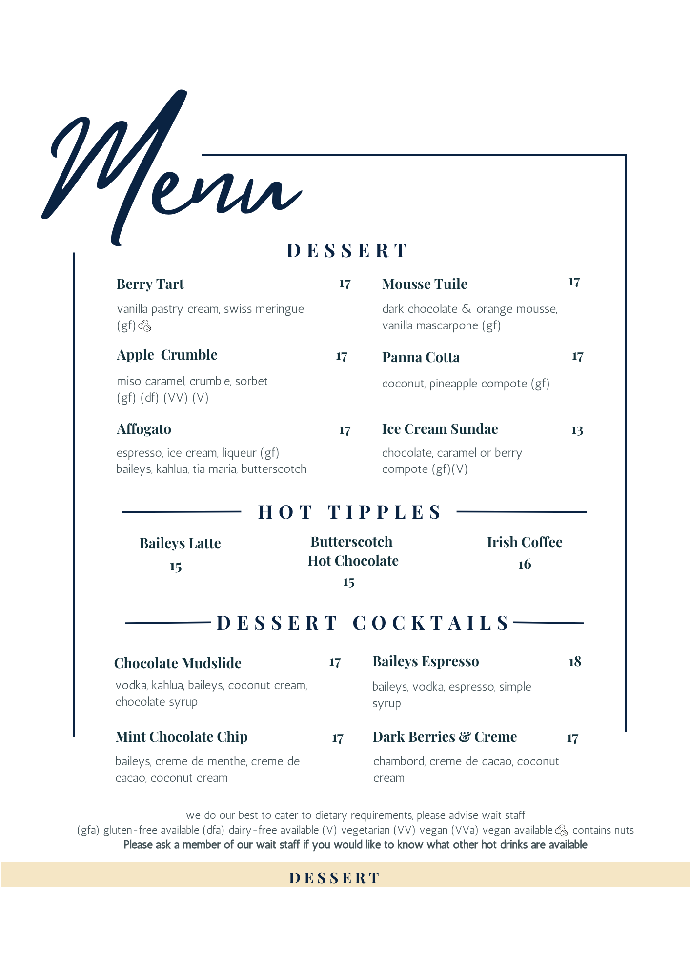 Oxley's Dessert Menu