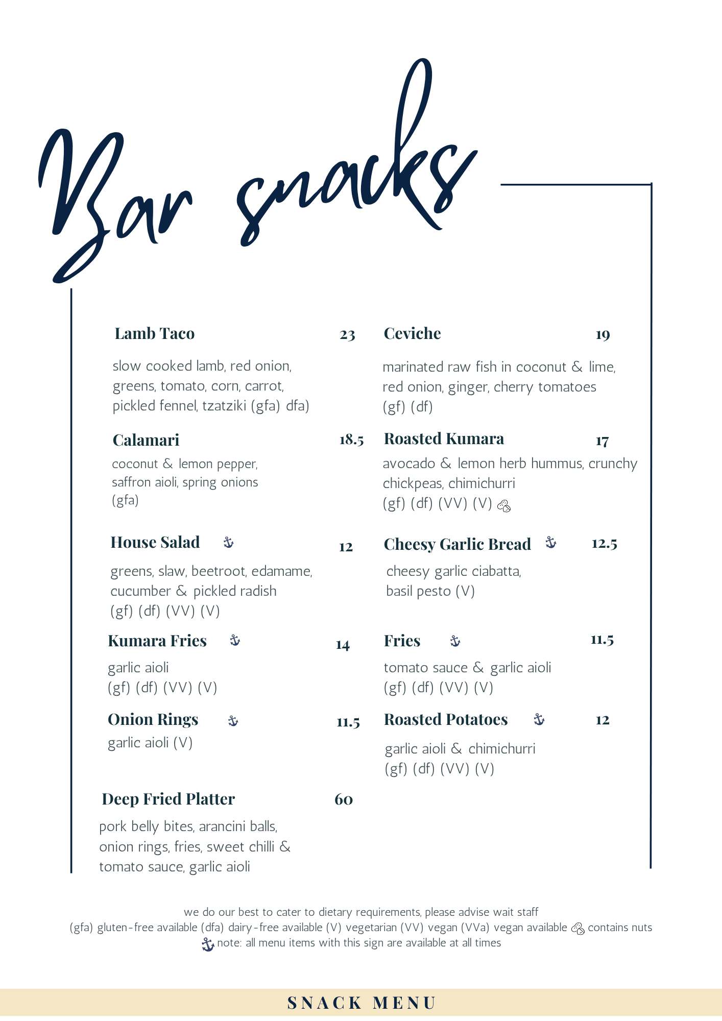 Oxley's Bar Snacks Menu