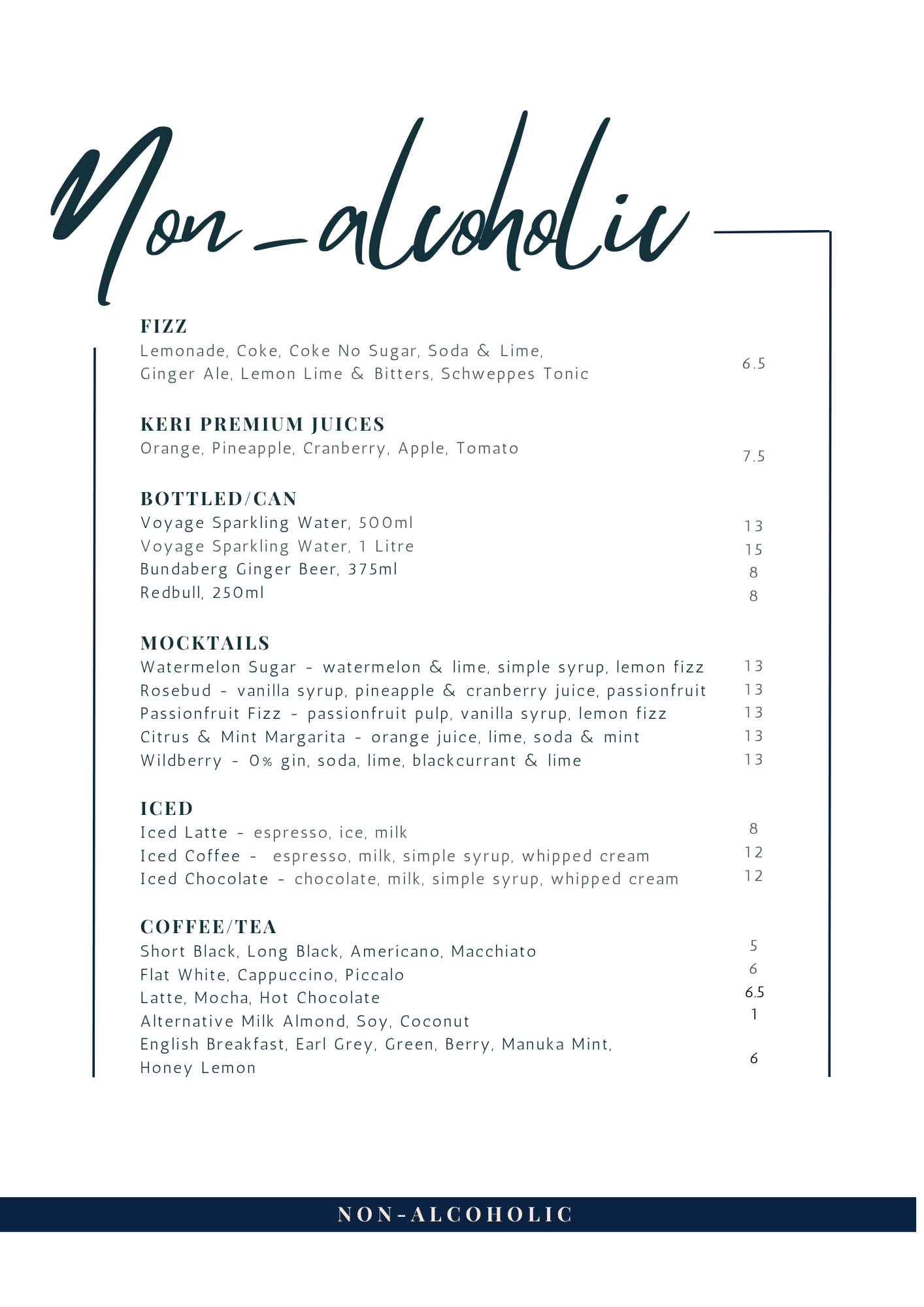 Oxley's Non-Alcoholic Drinks Menu