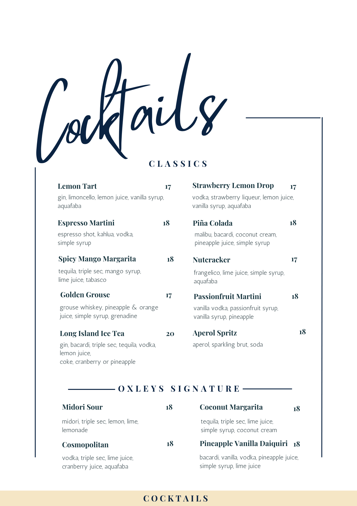 Oxley's Cocktails Menu