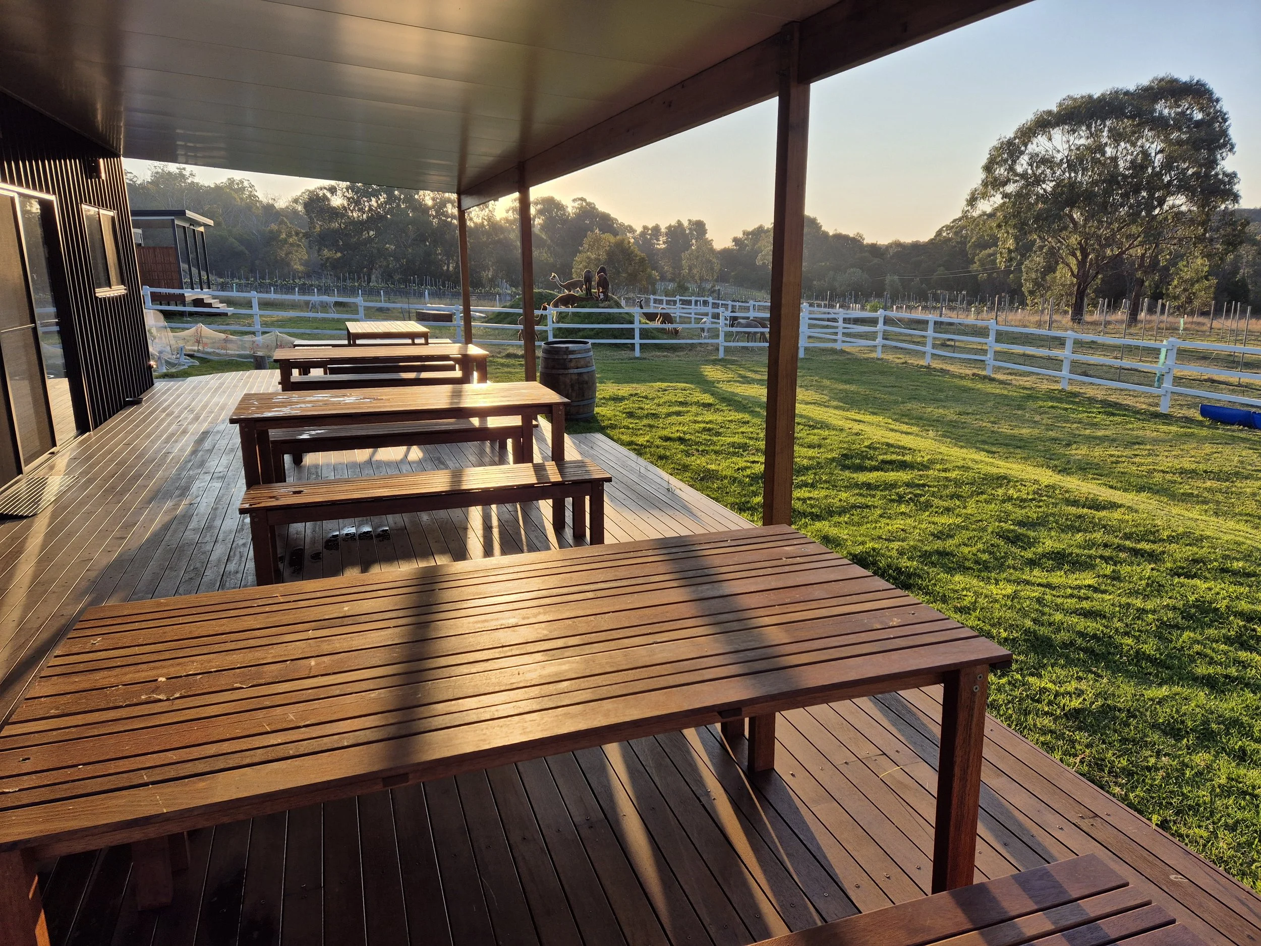 Image of deck and tables at sunset