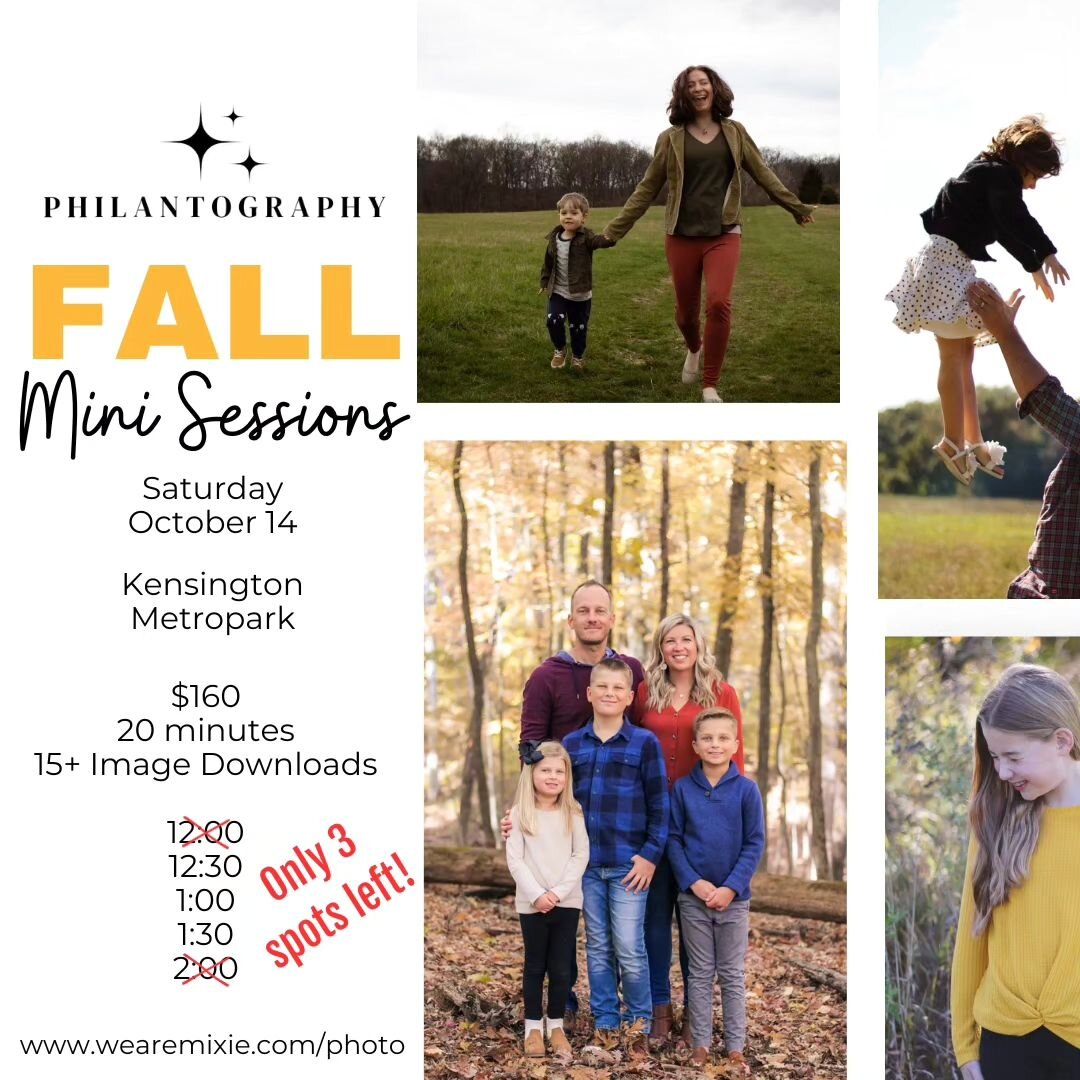 Get those photo spots reserved! This is it for the rest of the year. It's also the busiest time of year, so private sessions are extremely limited. Dates for upcoming Fall Minis look perfect for mixed fall colors, if that's your goal, and I know lots