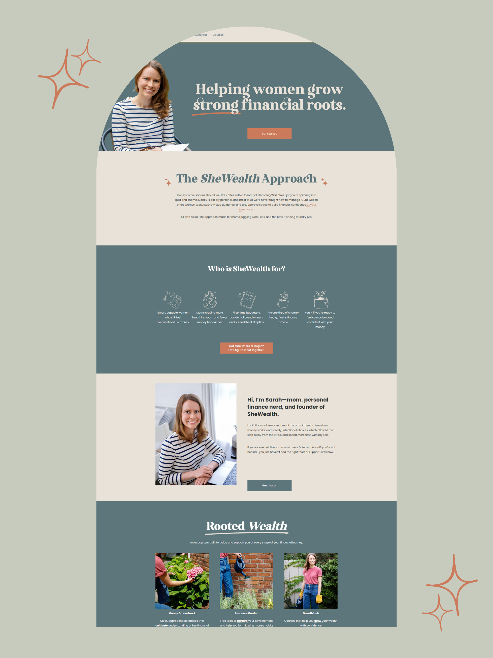 Screenshot of a website homepage for SheWealth, featuring a smiling woman in a striped shirt sitting at a desk, with text about helping women grow strong financial roots.