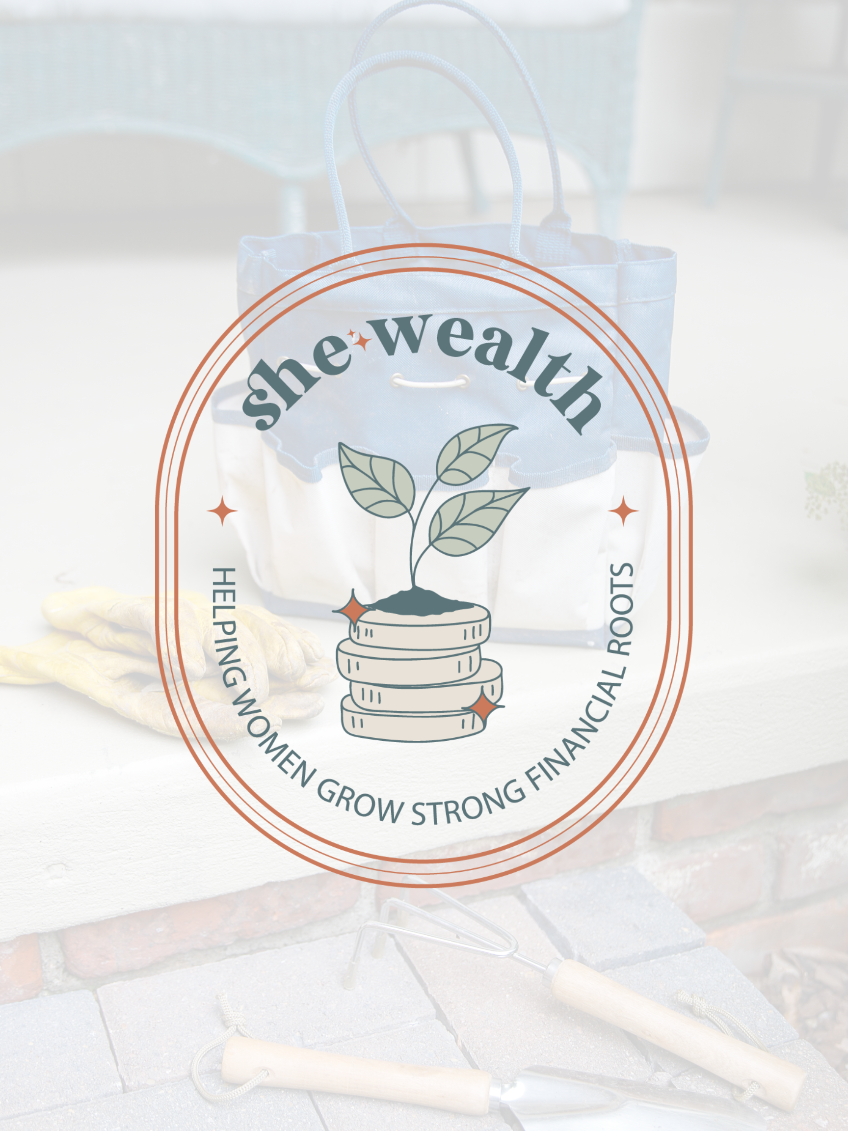 A gardening tote with hand tools, a pair of gloves, and the logo of She Walth, a women growing and financial organization, displayed on the tote.