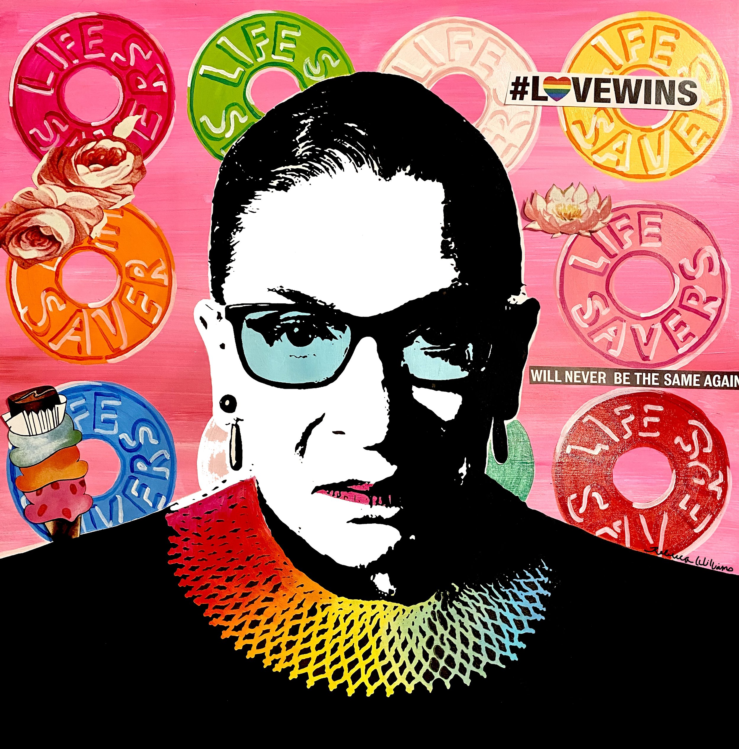 Ruth Bader Ginsburg with a rainbow collar surrounded my Life Savers candy and the collage element that says LoveWins