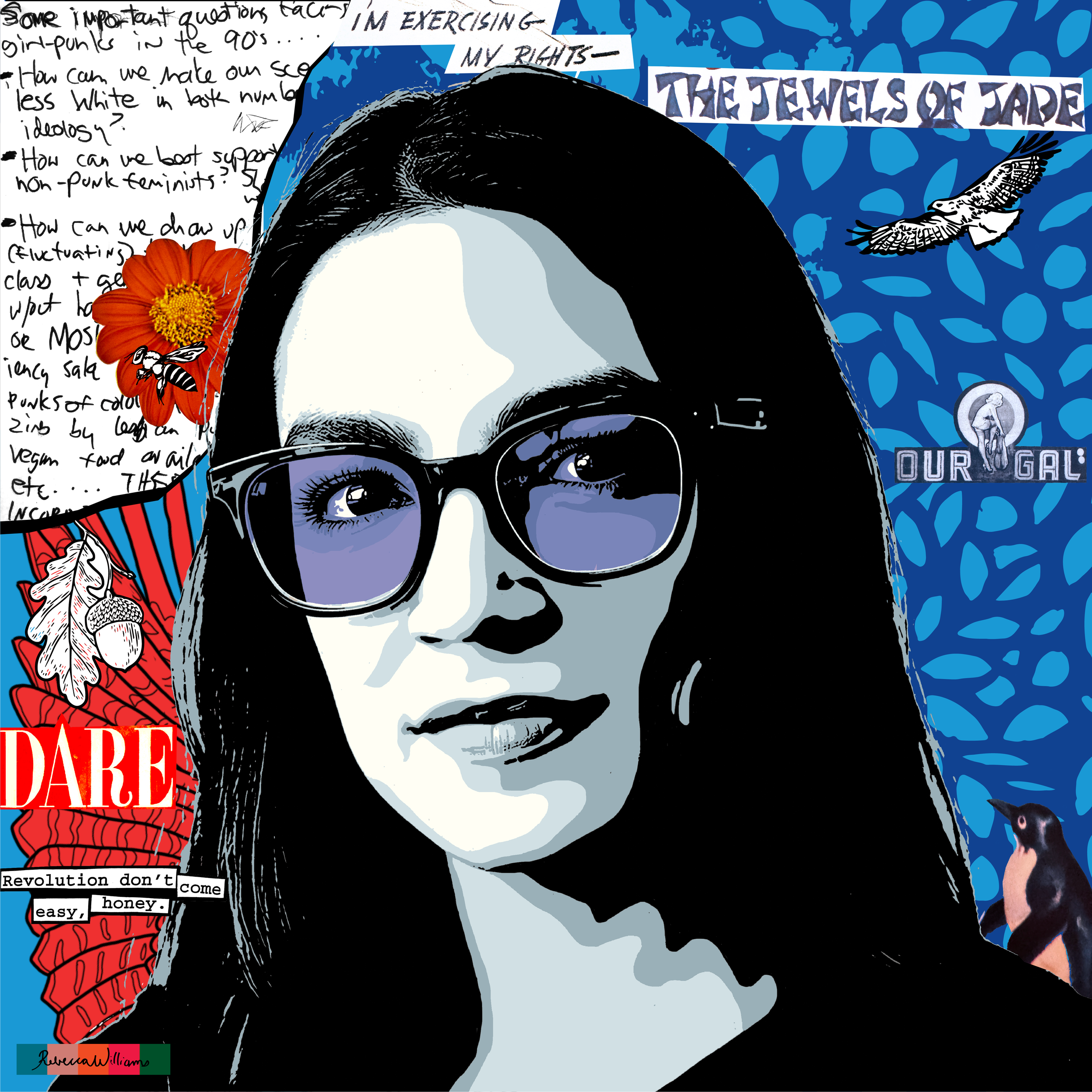 Pop art of Alexandria Ocasio-Cortez with a mixed media background