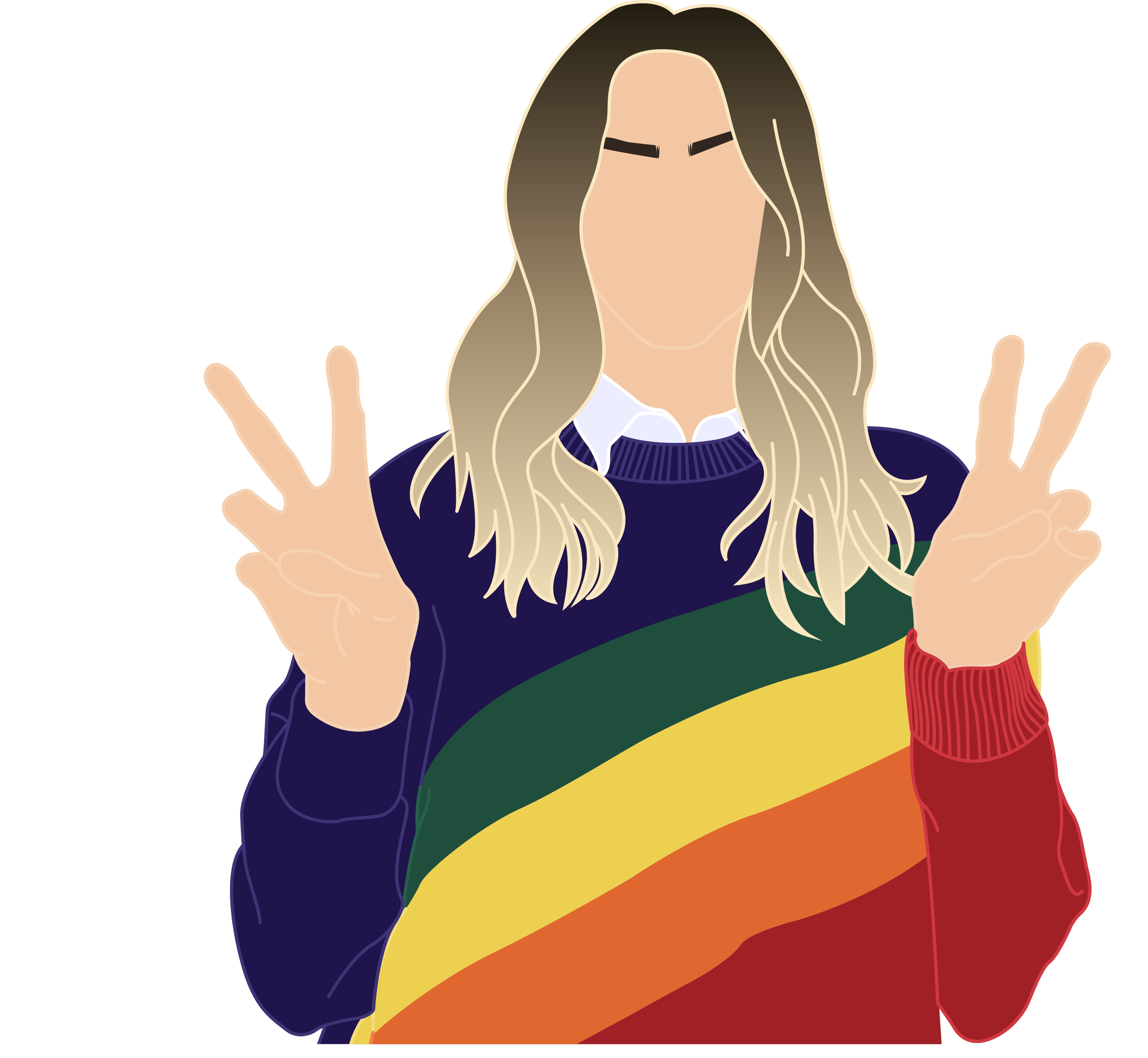 Illustration of a person with long wavy hair wearing a rainbow-colored sweater, holding up both hands in peace signs.