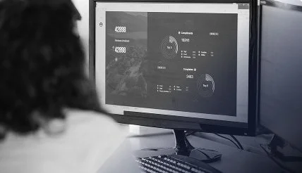 Woman working on computer.