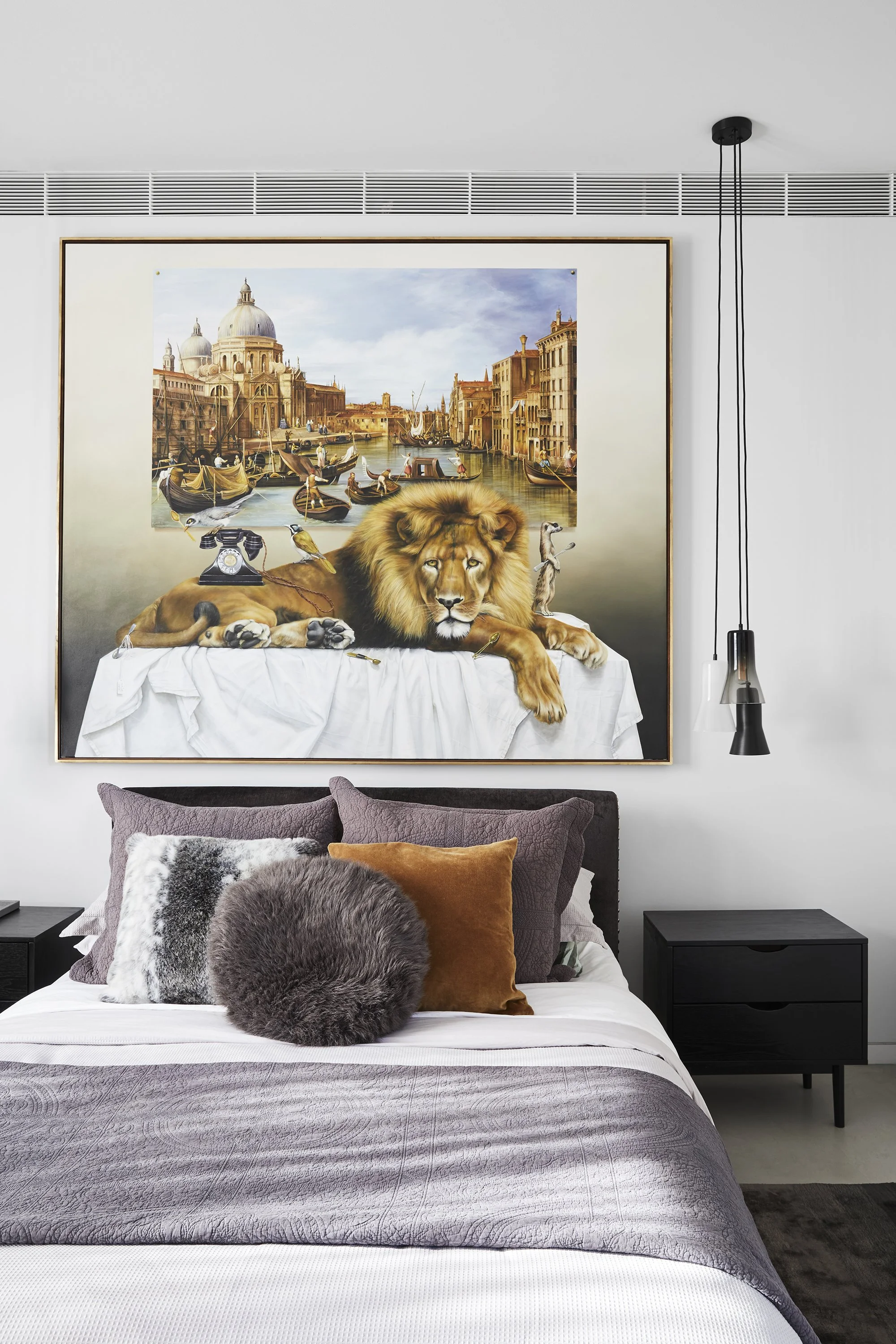 Luxury bedroom with lion artwork, interiors photography