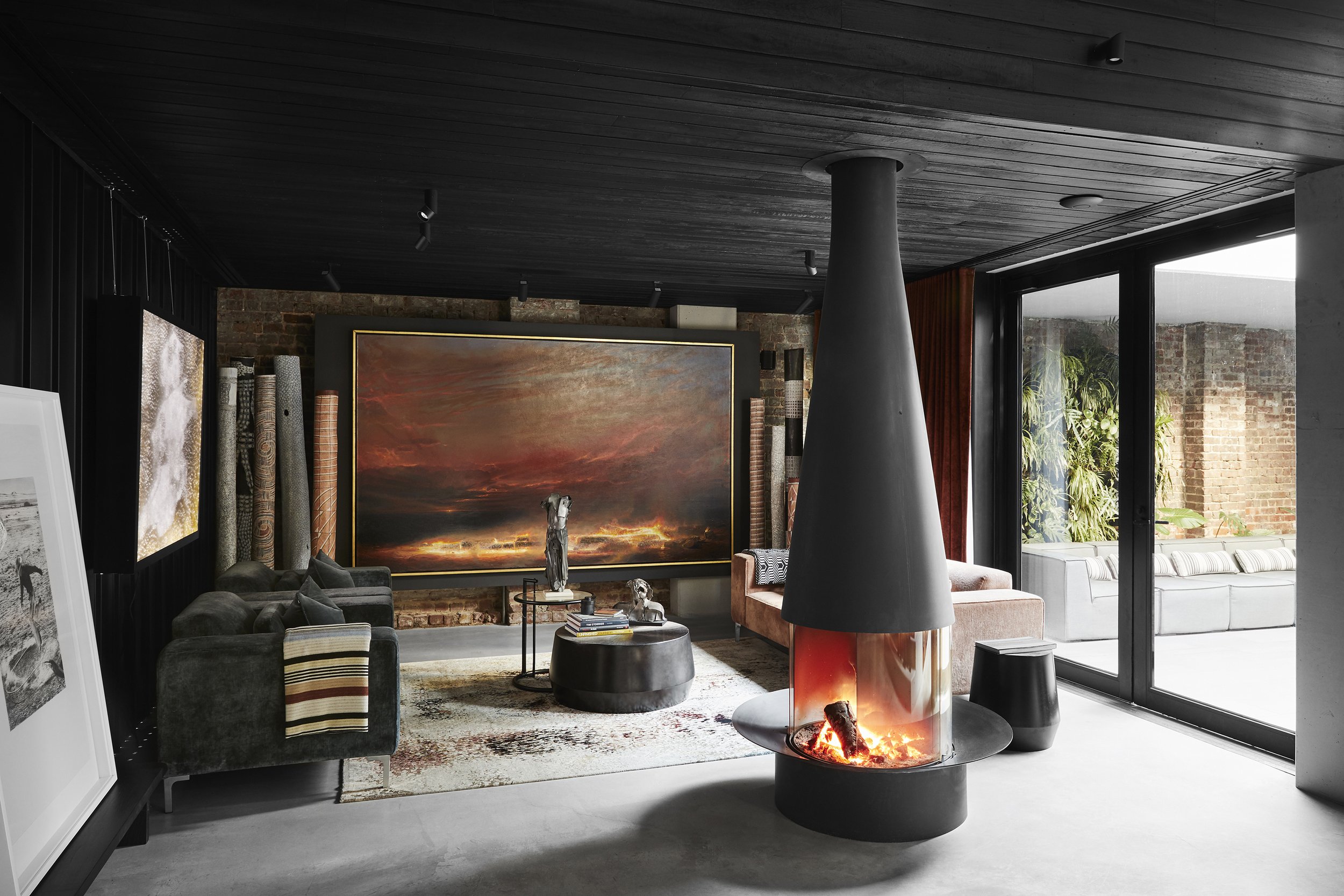 Dark interior with fireplace, editorial interiors photography