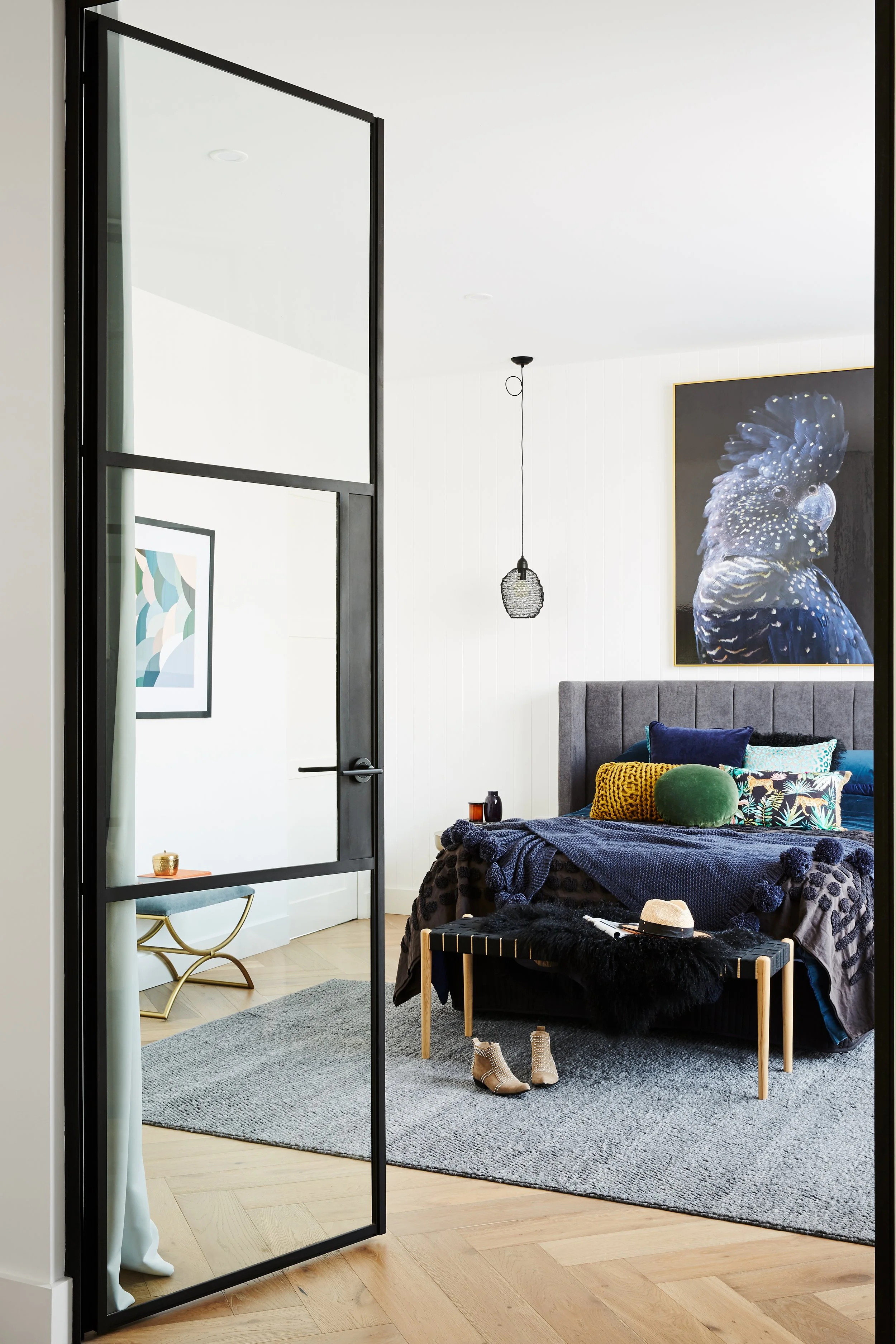Bedroom with glass steel doors