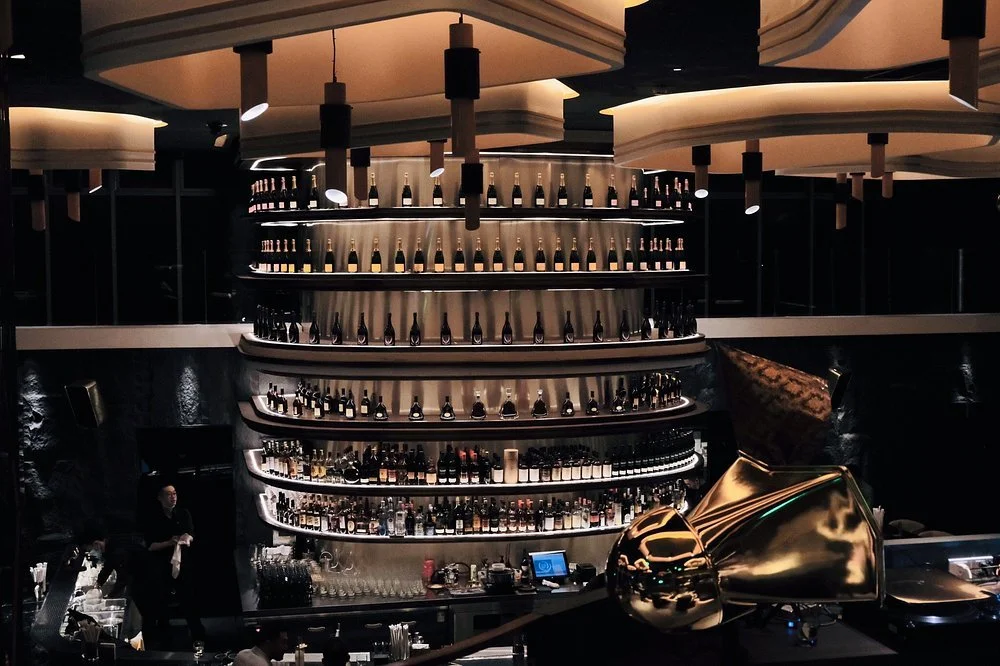 KOR Shanghai – bar display with sculptural horn speaker and bottle shelving – sound integration – Shanghai, China