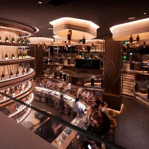 KOR Shanghai – multi-level bar and lounge with curved bottle display – hospitality interior – Shanghai, China