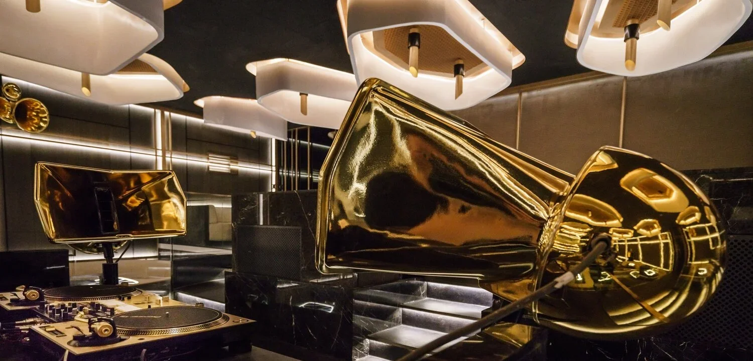 KOR Taipei – DJ booth with gold horn speaker and turntables – audio integration – Taipei, Taiwan