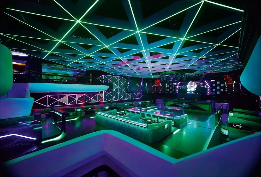 OMNI Nightclub – main club floor with geometric ceiling lighting and sound system – Taipei, Taiwan