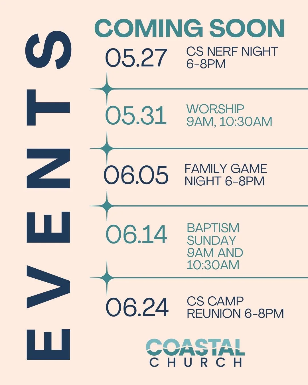 Coming up at Coastal Church. 🌊
We&rsquo;d love for you and your family to join us for all that&rsquo;s happening this season at Coastal.
For more information and event details, visit sebastianchurch.com/go
