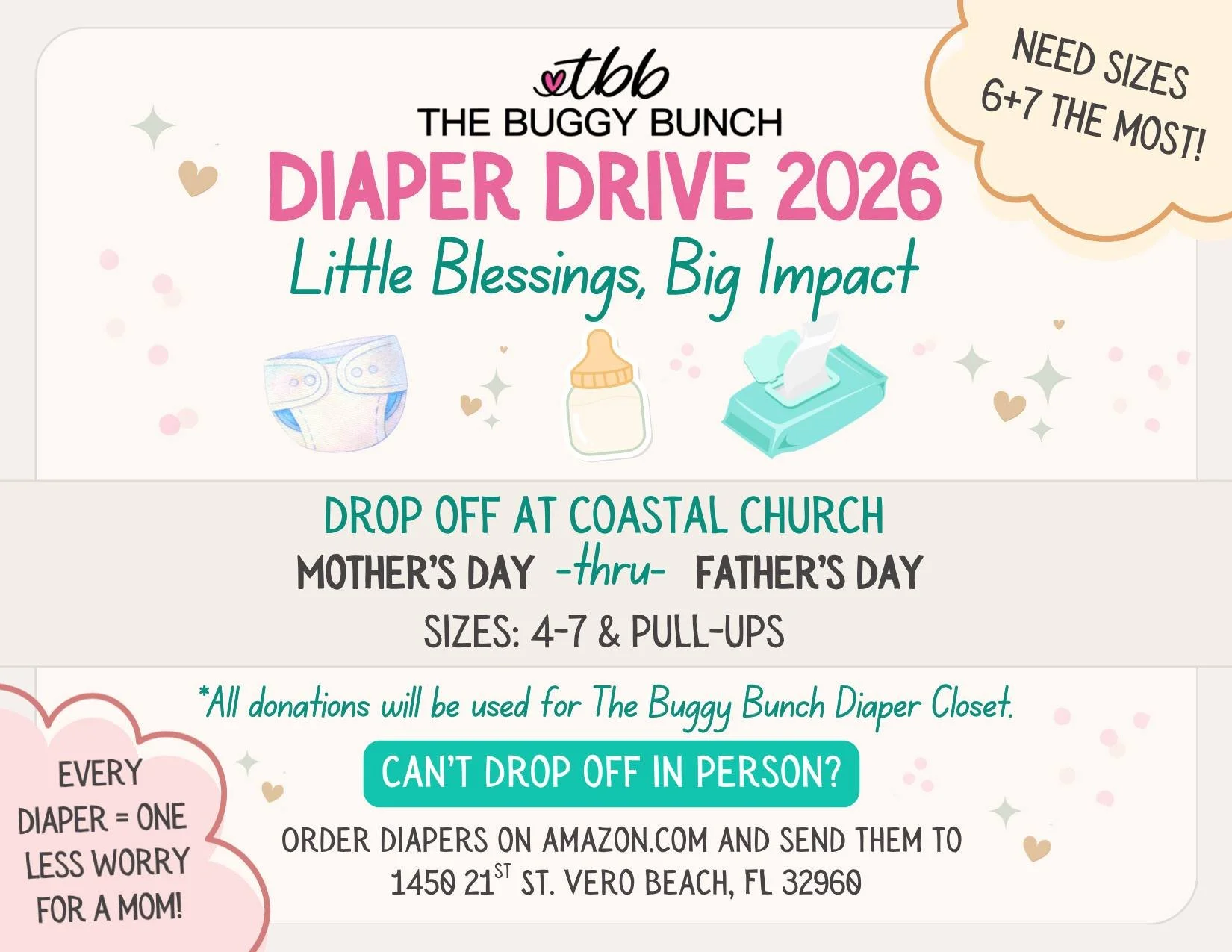 We are collecting diapers and pull-ups in support of The Buggy Bunch to help meet a practical need for parents in our community. Drop off at the stage anytime between now and Father's Day!
