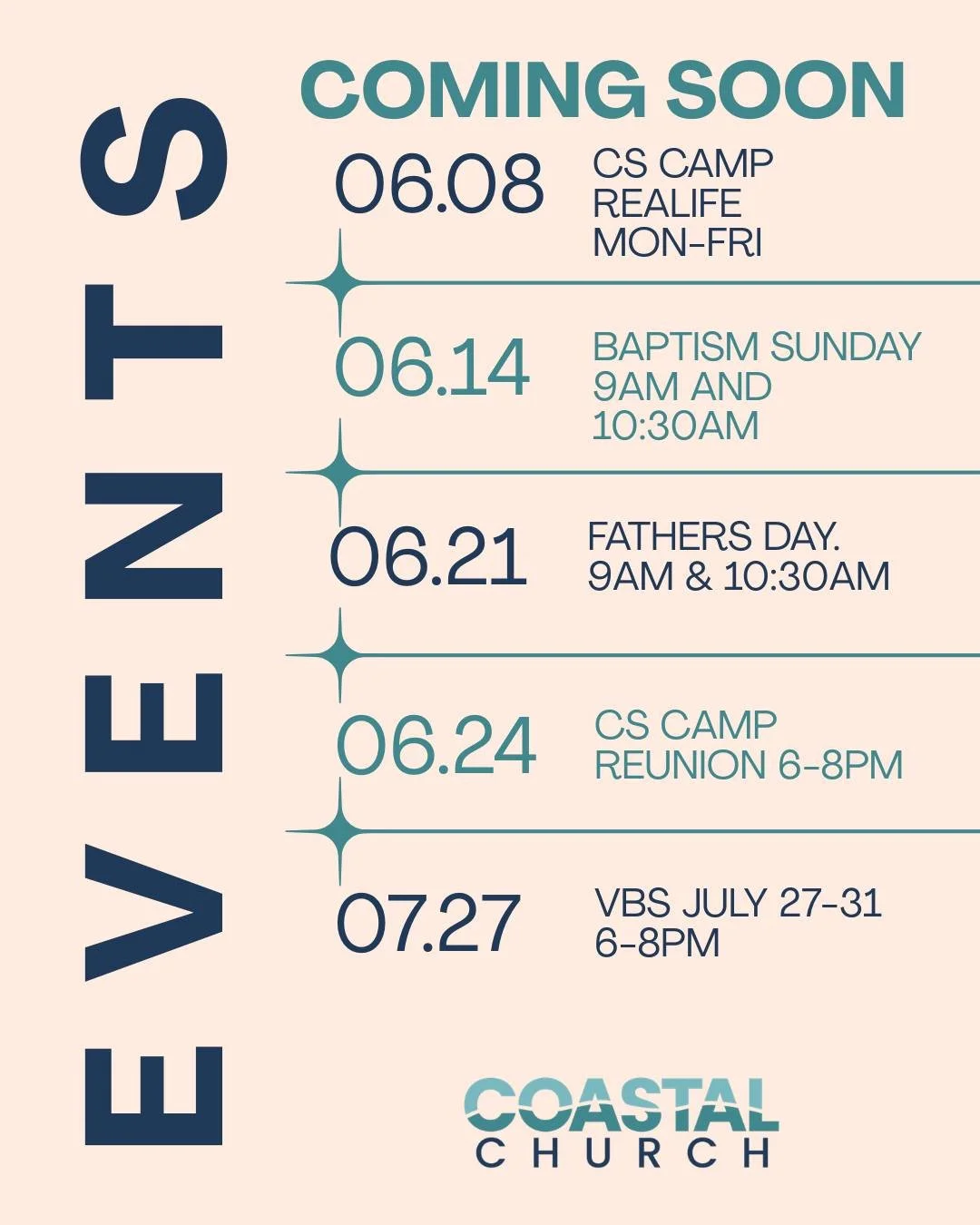Upcoming Events at Coastal
There&rsquo;s a lot happening at Coastal Church in the days and weeks ahead! Check out the schedule below and make plans to join us for worship, groups, student ministry, family events, and more.
We'd also love for you to k