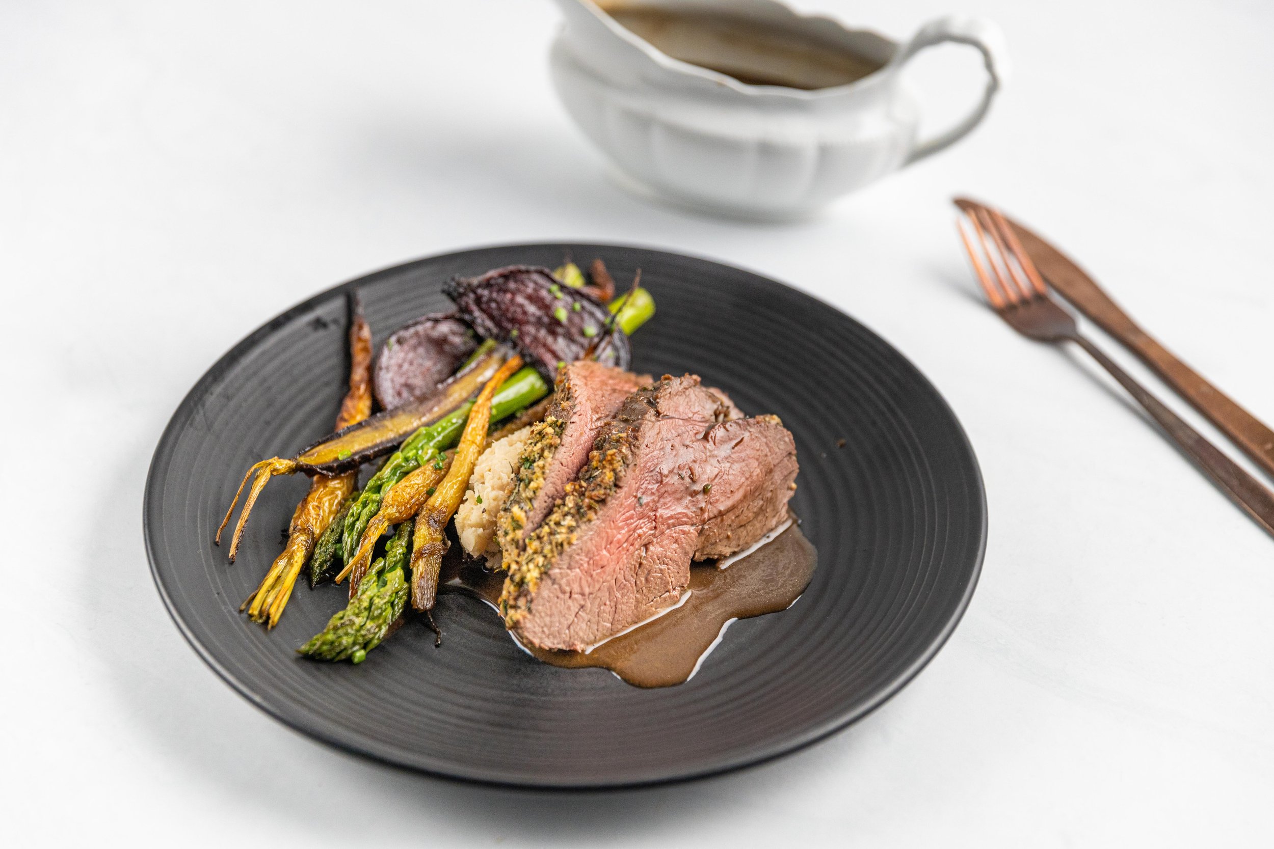 Herb-Crusted Beef Tenderloin with Cannellini Bean Mash