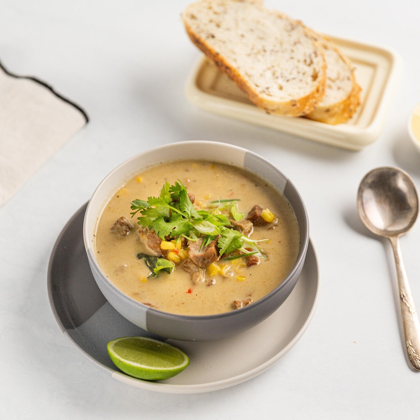 This is the kind of soup that feels like it&rsquo;s been simmering all afternoon. Made with @pendlehillmeatmarket pork for real depth and tenderness, sweetcorn adds a gentle sweetness while warming spices round everything out. Hearty, comforting, and