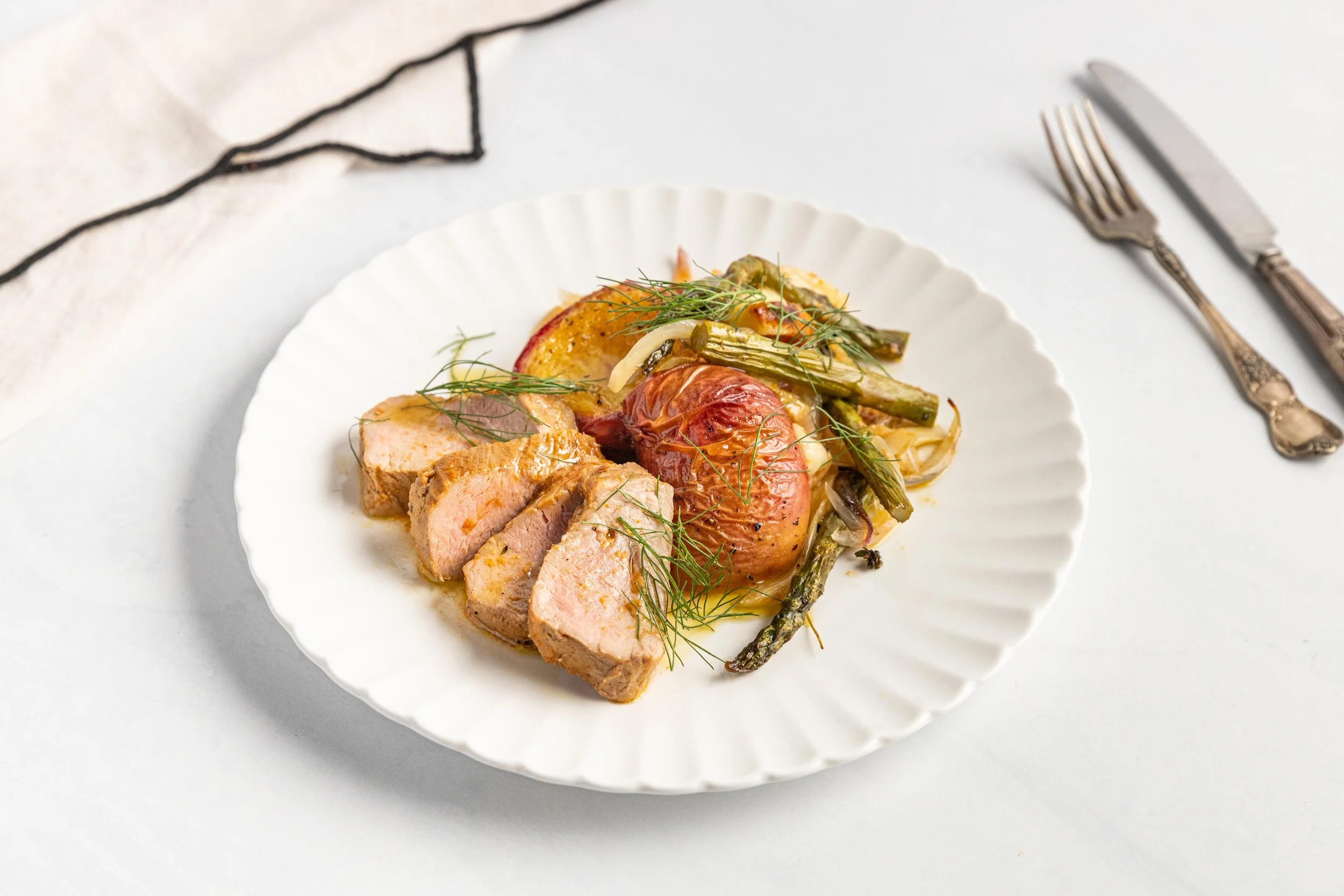 Pork, Peach &amp; Haloumi Tray Bake