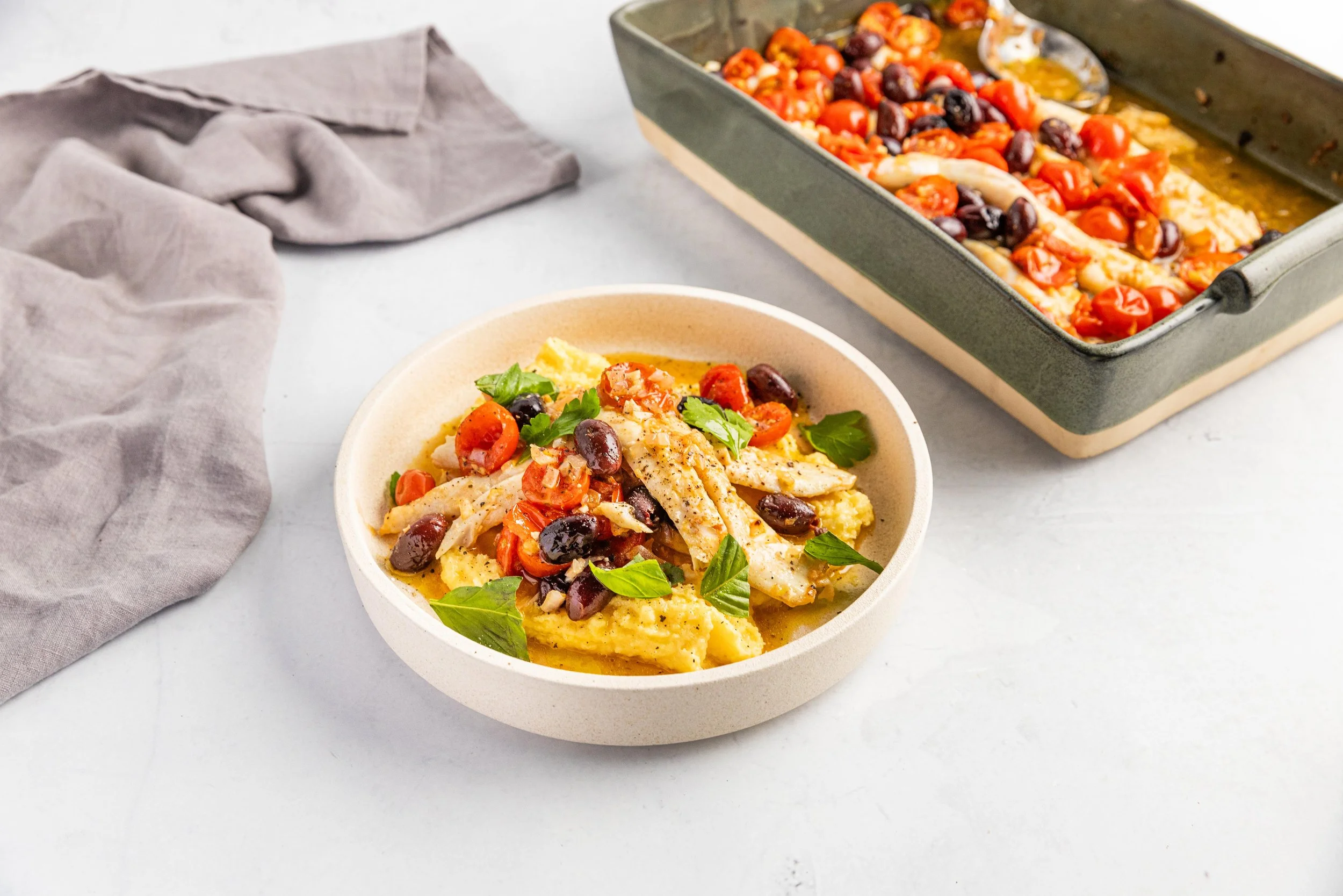 Baked Flathead with Cherry Tomatoes and Olives