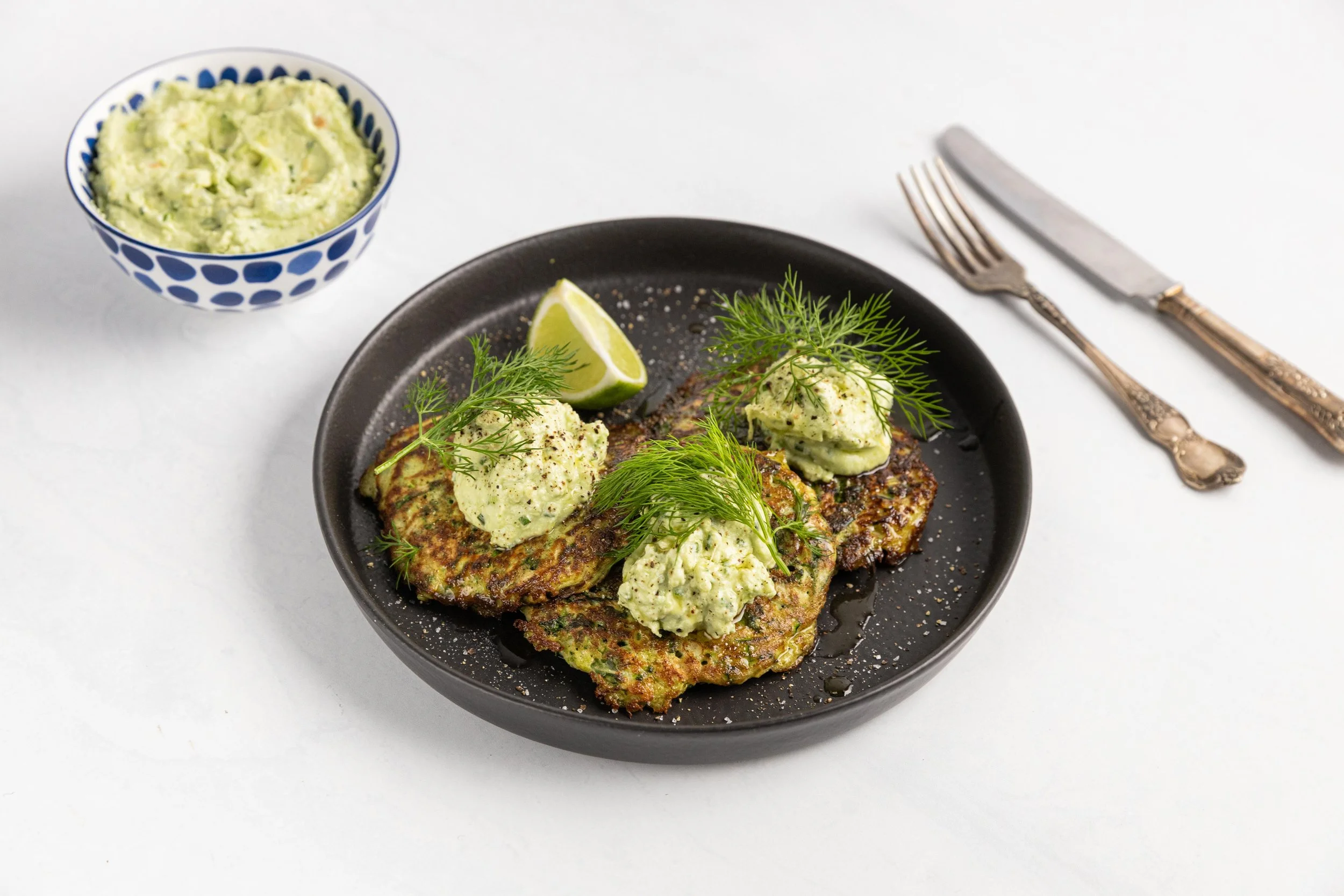Veggie Fritters with Avocado Goat Cheese Smash