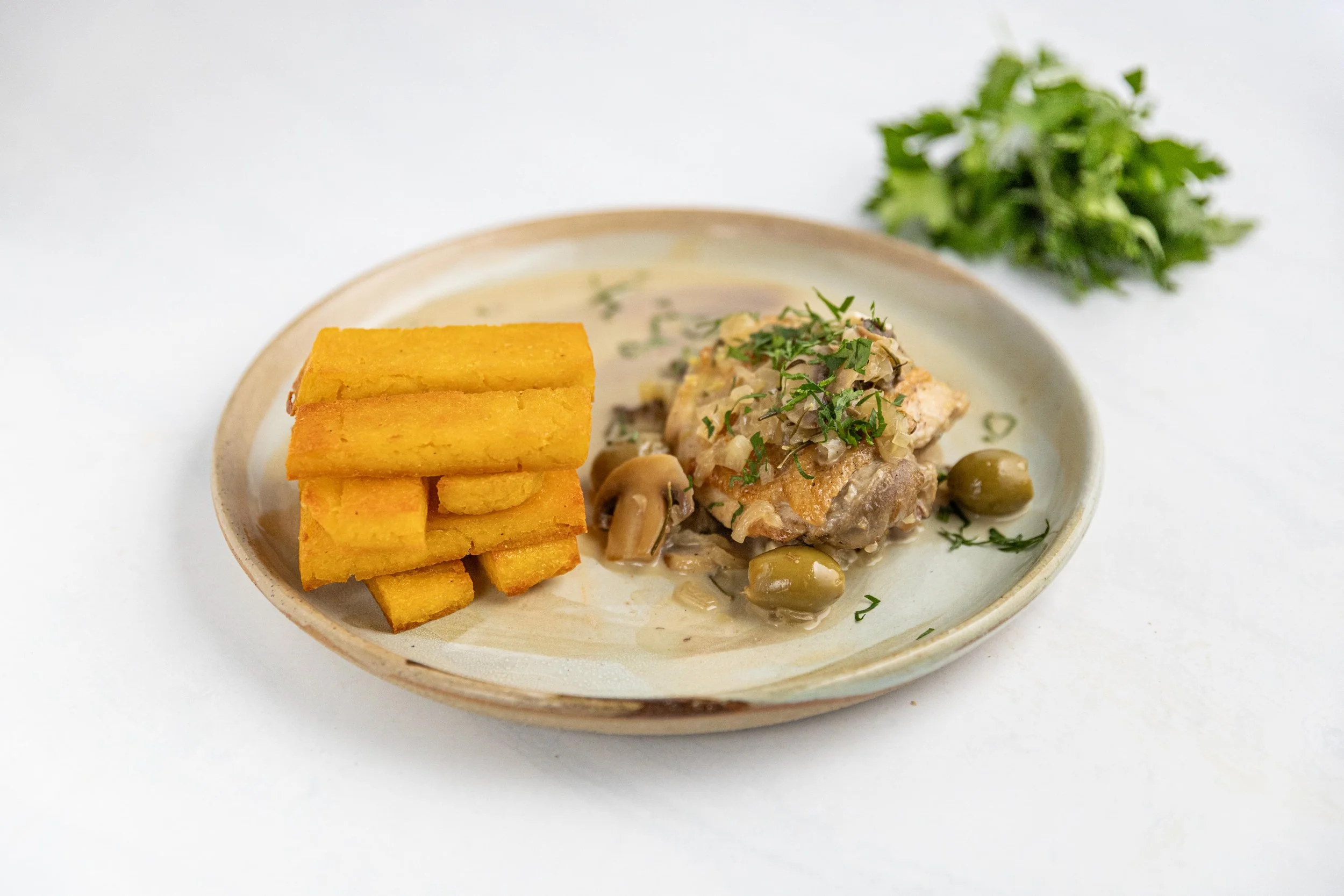 Chicken Cacciatore Bianco with Polenta Chips