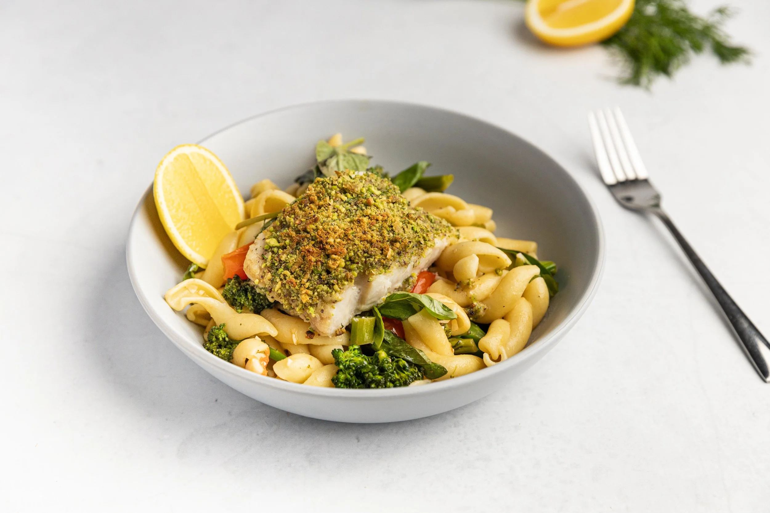 Pistachio-Crusted Hoki with Casarecce Pasta