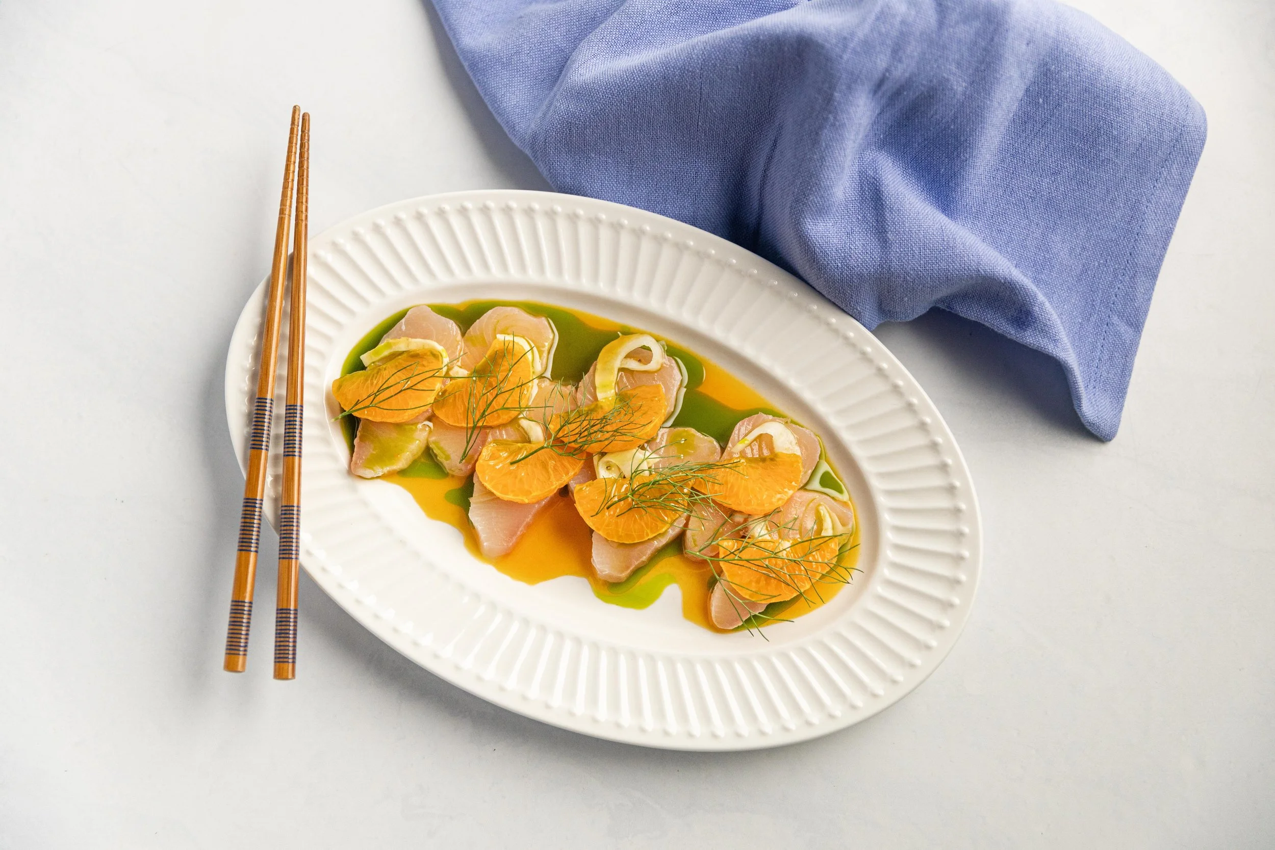 Kingfish Sashimi with Mandarin Sauce &amp; Dill Oil