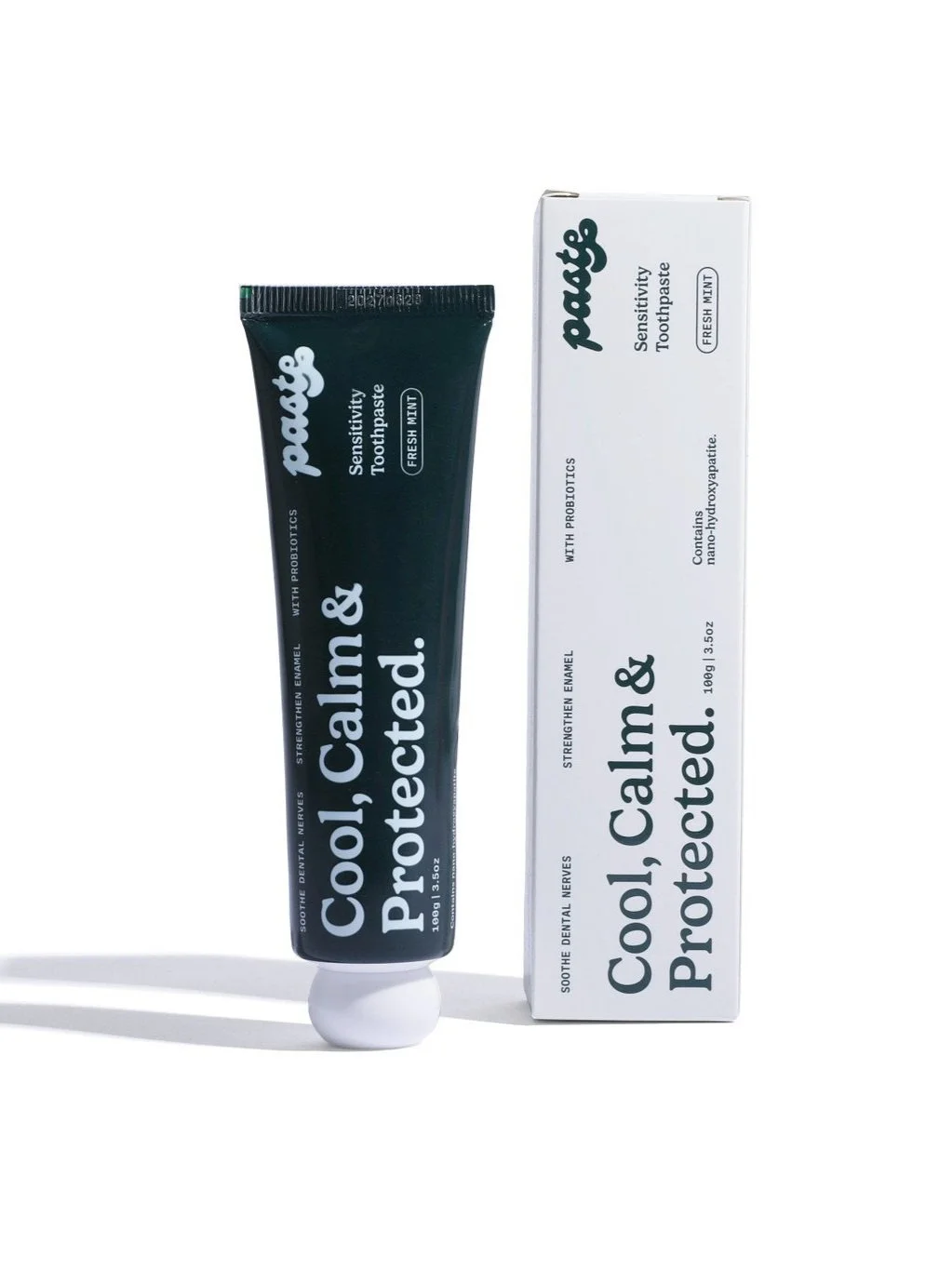 A tube of mint anti-sensitivity toothpaste alongside its corresponding box.