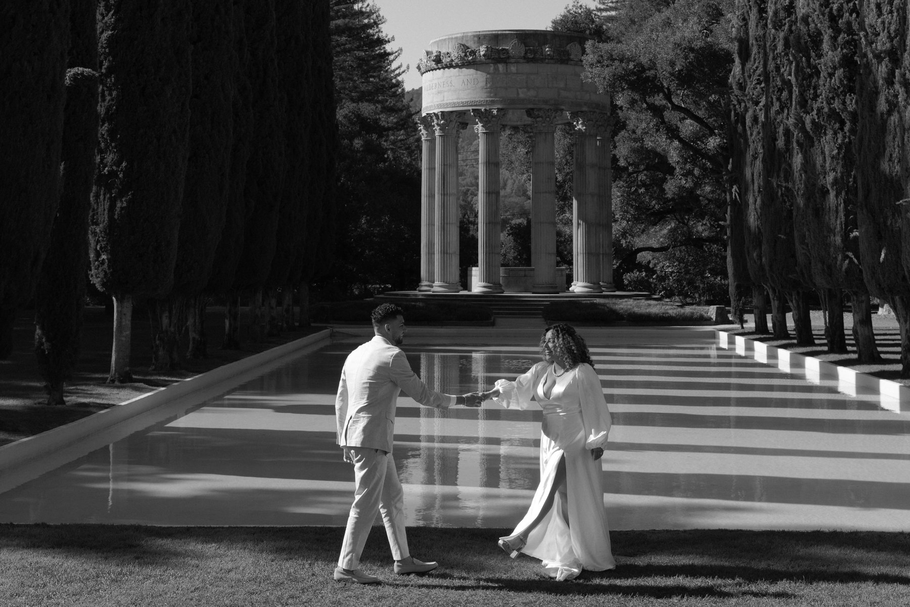 Bryn Power Photography Pulgas Water Temple engagement photos motion blur cinematic photography  black and white film