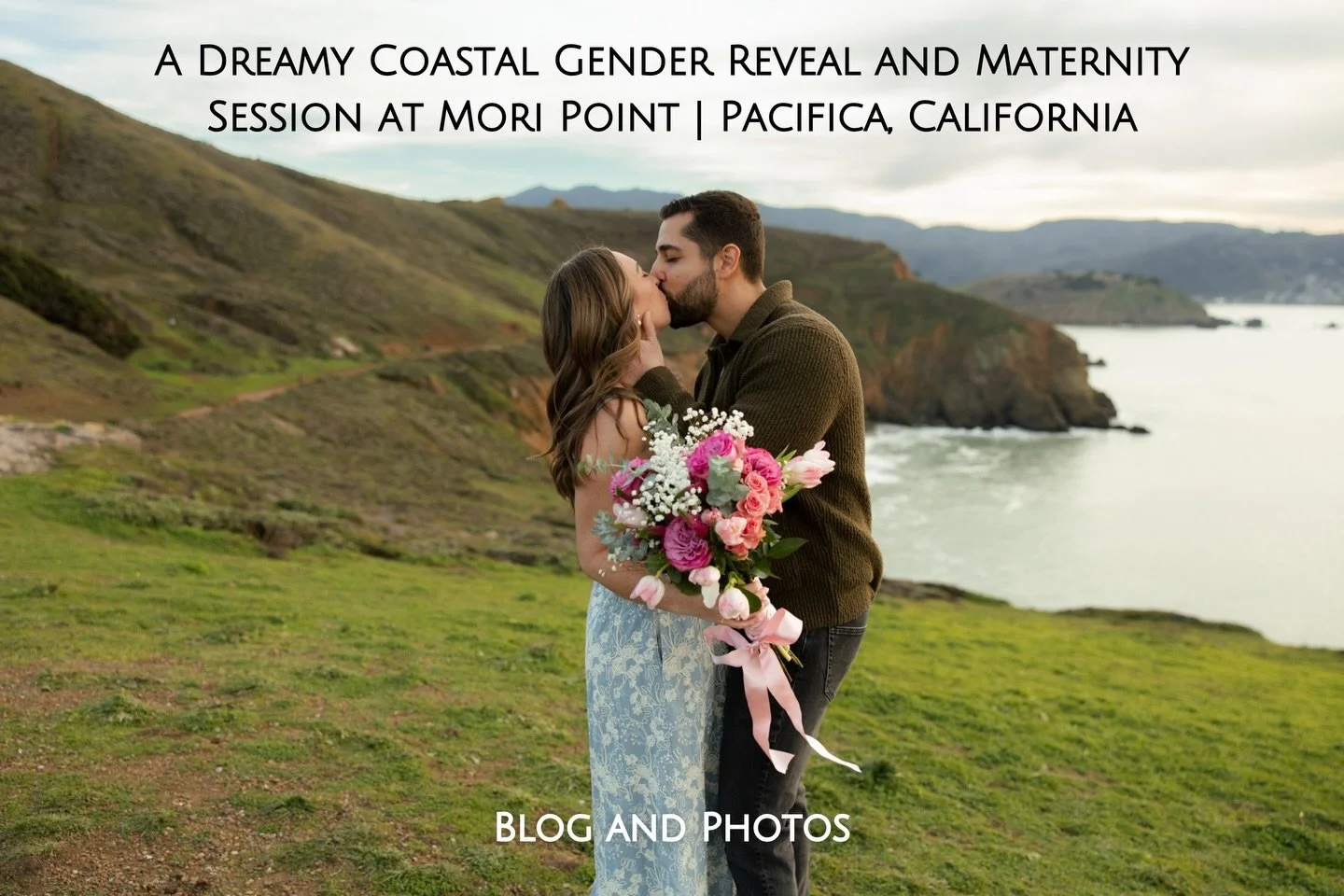 From a (surprising) cliffside gender reveal to a stunning soft pink sunset at Mori Point, this gender reveal and maternity session with M&amp;C was full of fun, goofiness, and many laughs (especially with a rogue wave and my first time trying to put 