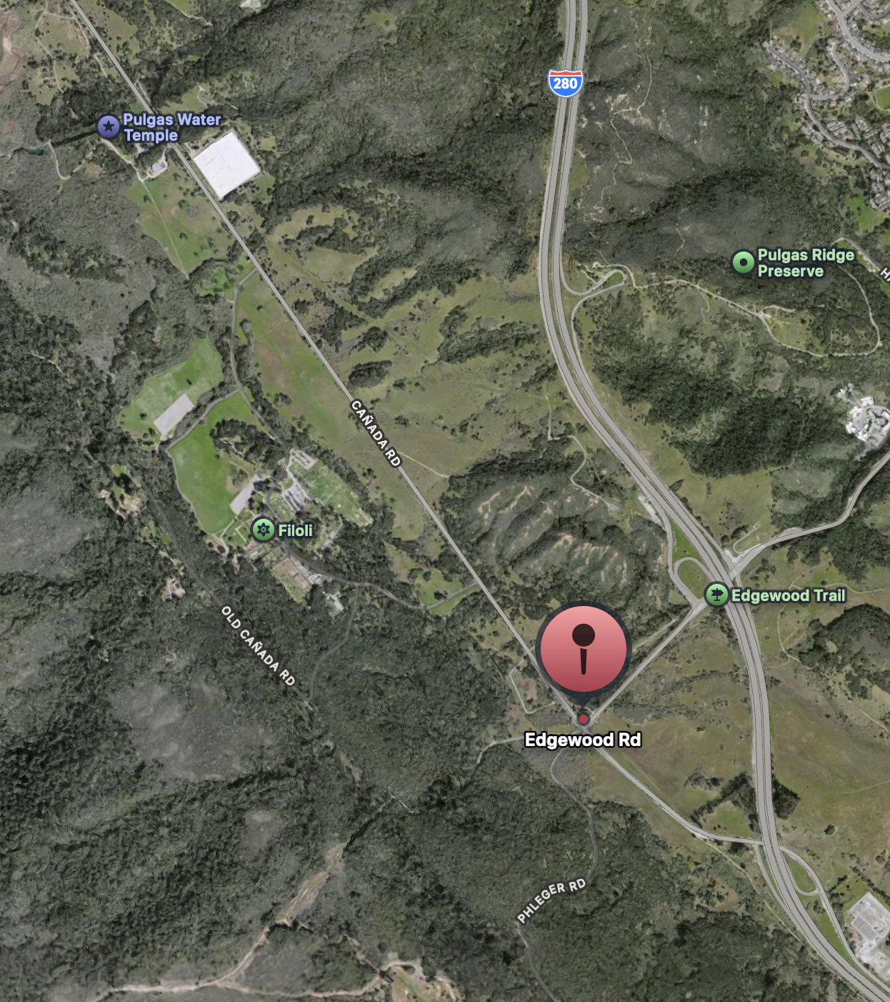 Image of a google map with Pulgas Water temple, edgewood road marked, and Filoli Gardens