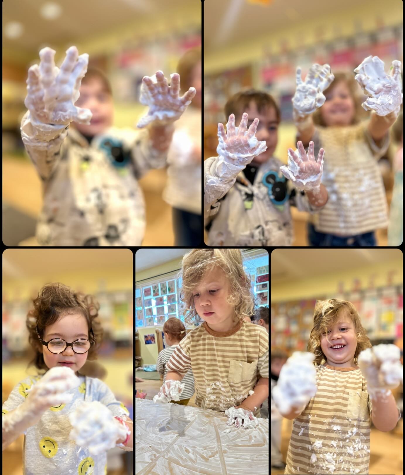Shavings cream sensory play. 
Not only is it really fun (and a little bit messy) but it is also a great way to practice early writing skills. Children used their fingers to draw shapes, letters, numbers all while enjoying the smell and having a lot o