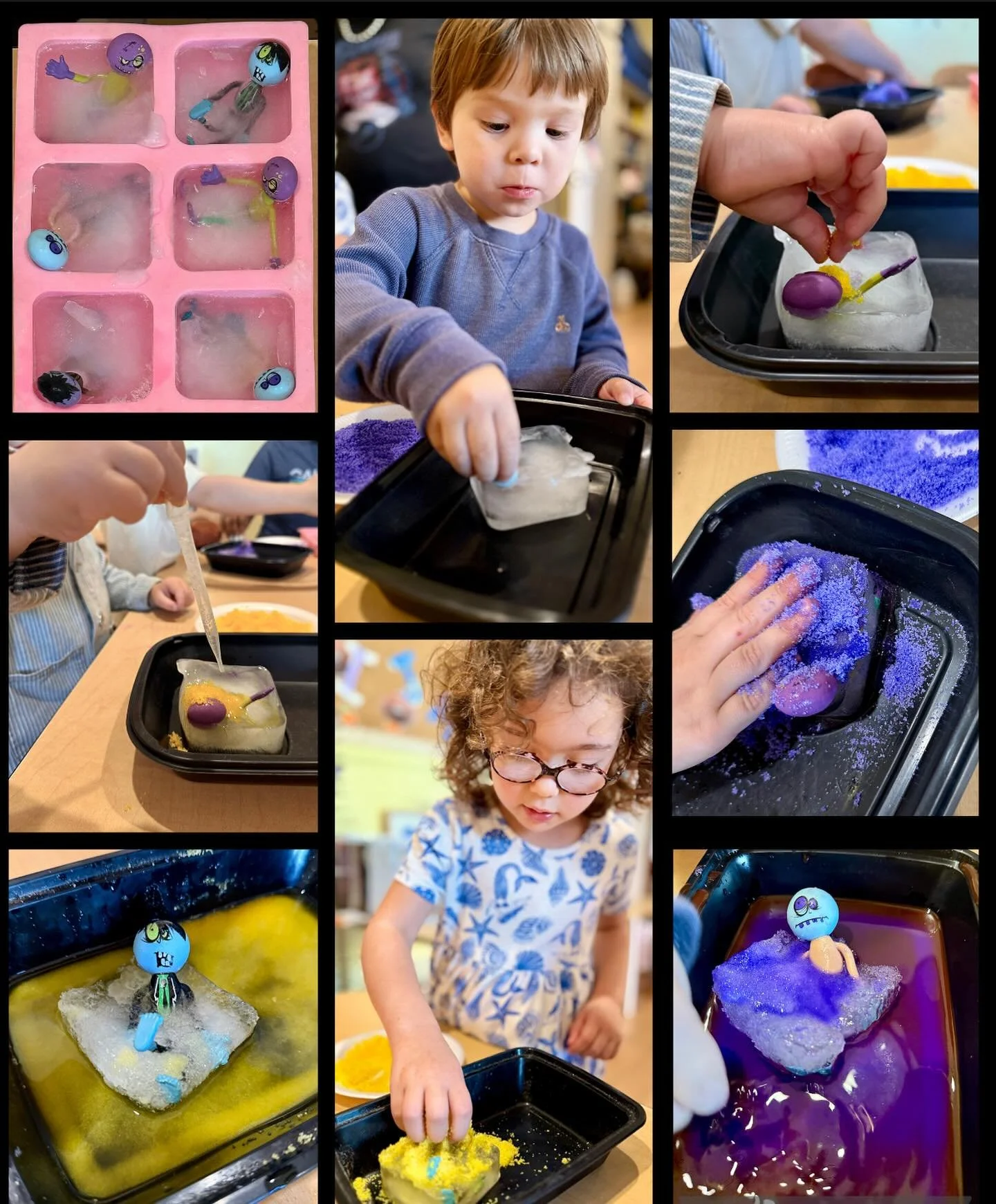 Tuesday is for science! 
From Solid to Liquid
This week our afternoon school children explored states of matter by rescuing frozen friendly zombies from ice!They experimented with warm water and salt to see how ice melts and changes. Such a fun hands