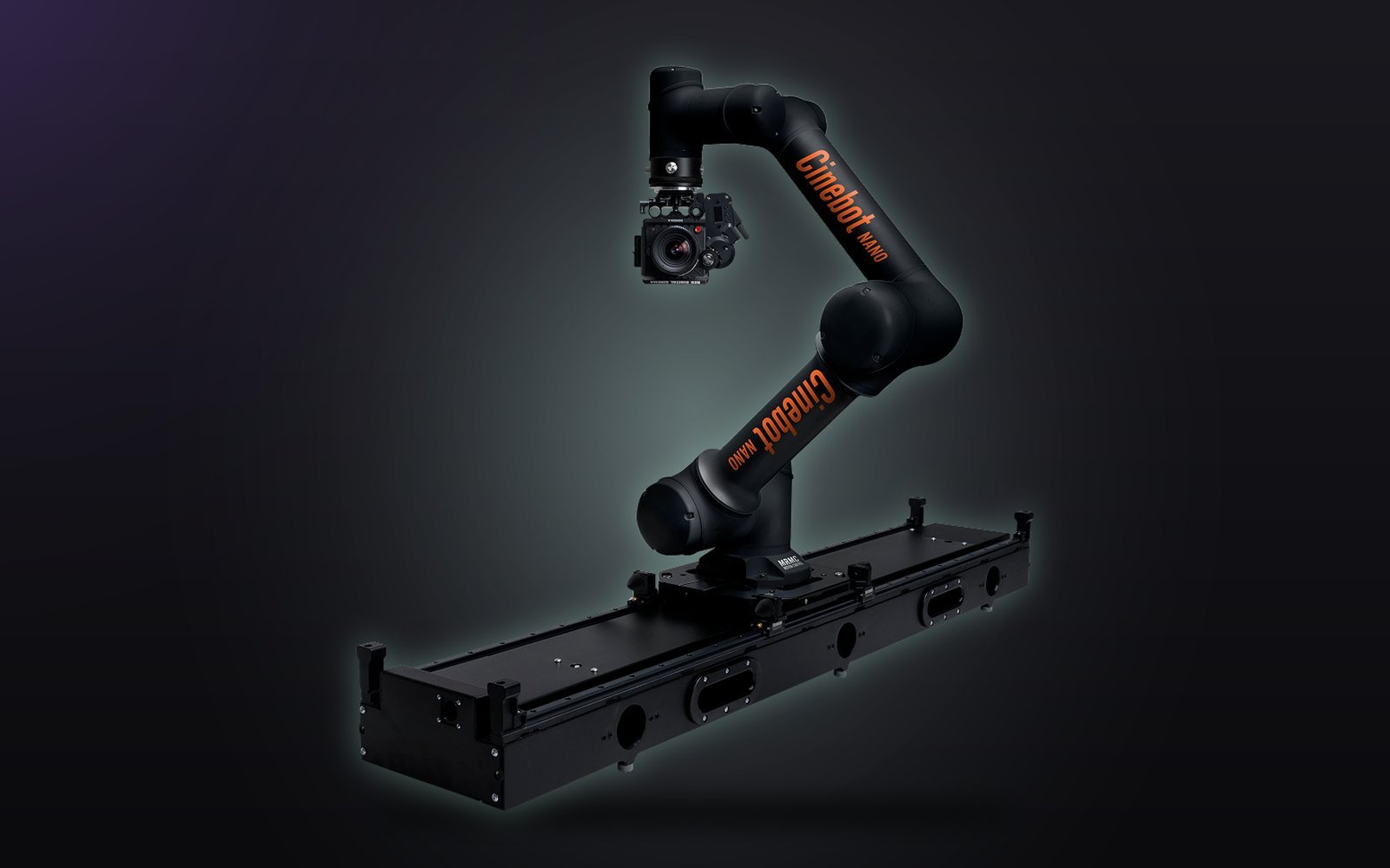 Cinebot Nano motion control robot arm with a cinema camera on its precision track