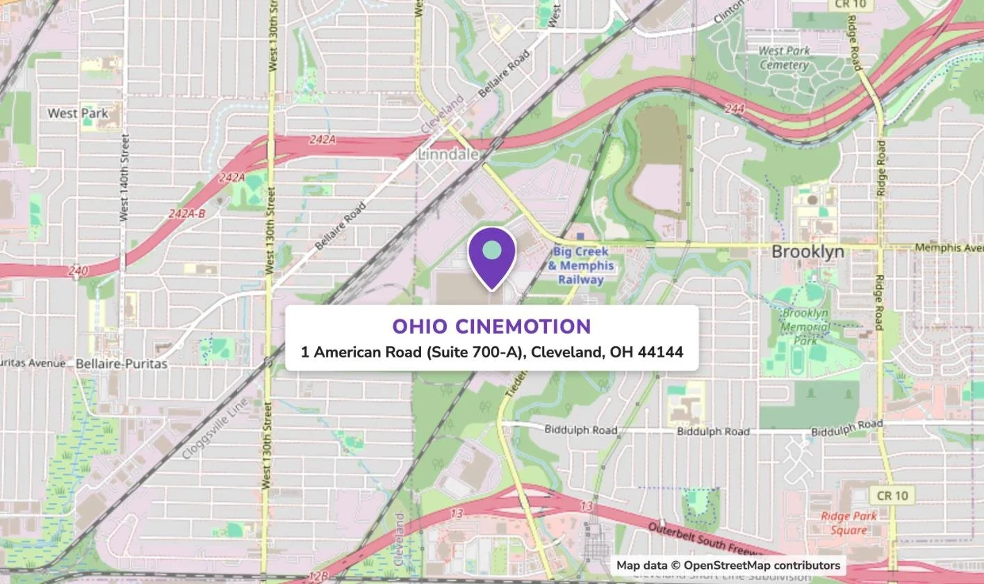 Map showing Ohio CineMotion at 1 American Road, Suite 700-A, Cleveland, Ohio 44144
