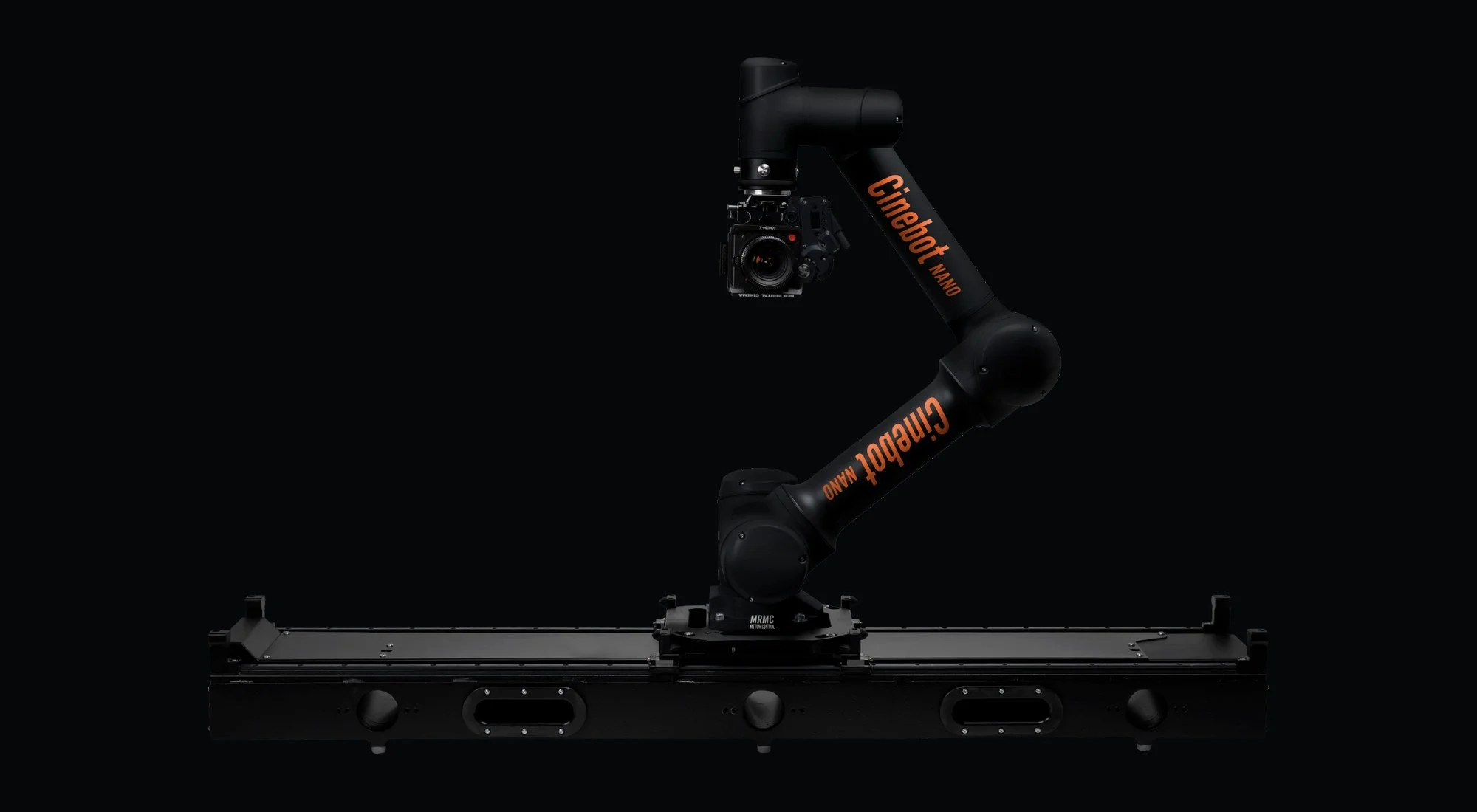 Cinebot Nano robotic camera arm on its 1.45 m precision track with a cinema camera