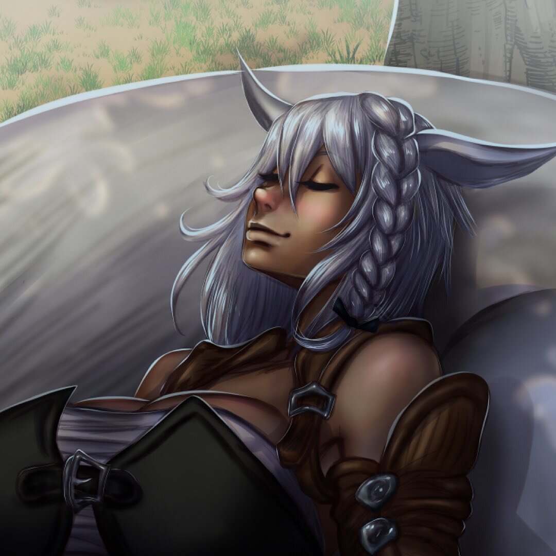 Commission of a cute miqo'te resting with her loyal chocobo 😁 

I tried painting the light coming in through the leaves above but I&rsquo;m not sure it come across that way we&rsquo;ll enough 🤣 I tried lol 

#ffxiv #finalfantasyxiv #miqote #catgirl