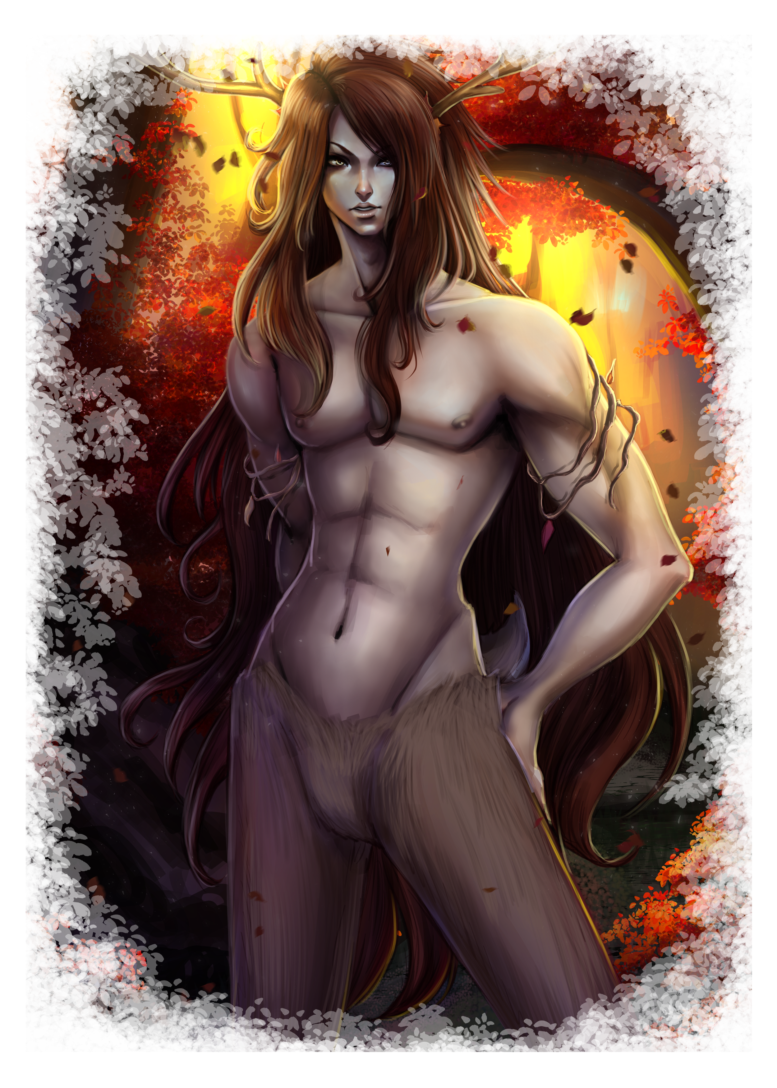 A fantasy illustration of a humanoid creature with deer antlers, long brown hair, and a muscular, mostly hairless body with fur-covered legs, standing in an autumn forest at sunset.