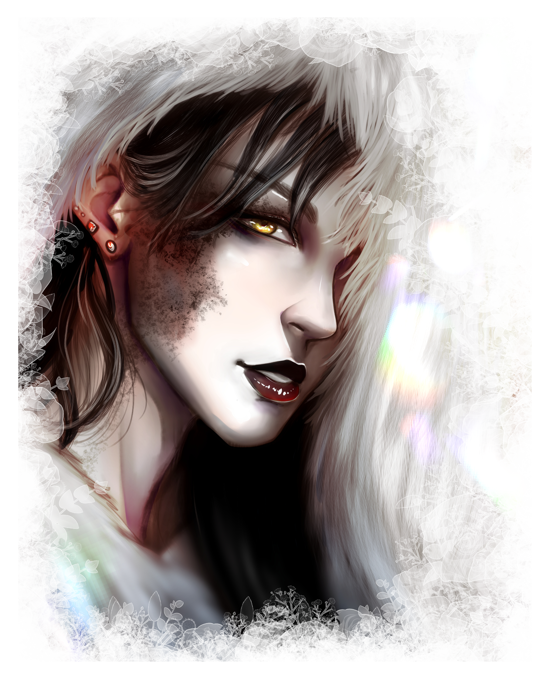 Digital artwork of a man with brown hair, multiple earrings, and dark makeup, surrounded by a fur-like collar and glowing light effects.