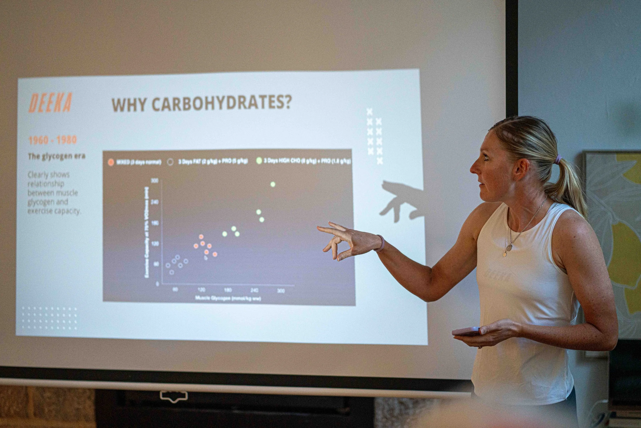 Sophie Johnson DEEKA Coach & nutritions giving a presentation about carbohydrates, with a graph titled 'WHY CARBOHYDRATES?' and the subtitle 'The glycogen era,' indicating the relationship between muscle glycogen and exercise capacity.