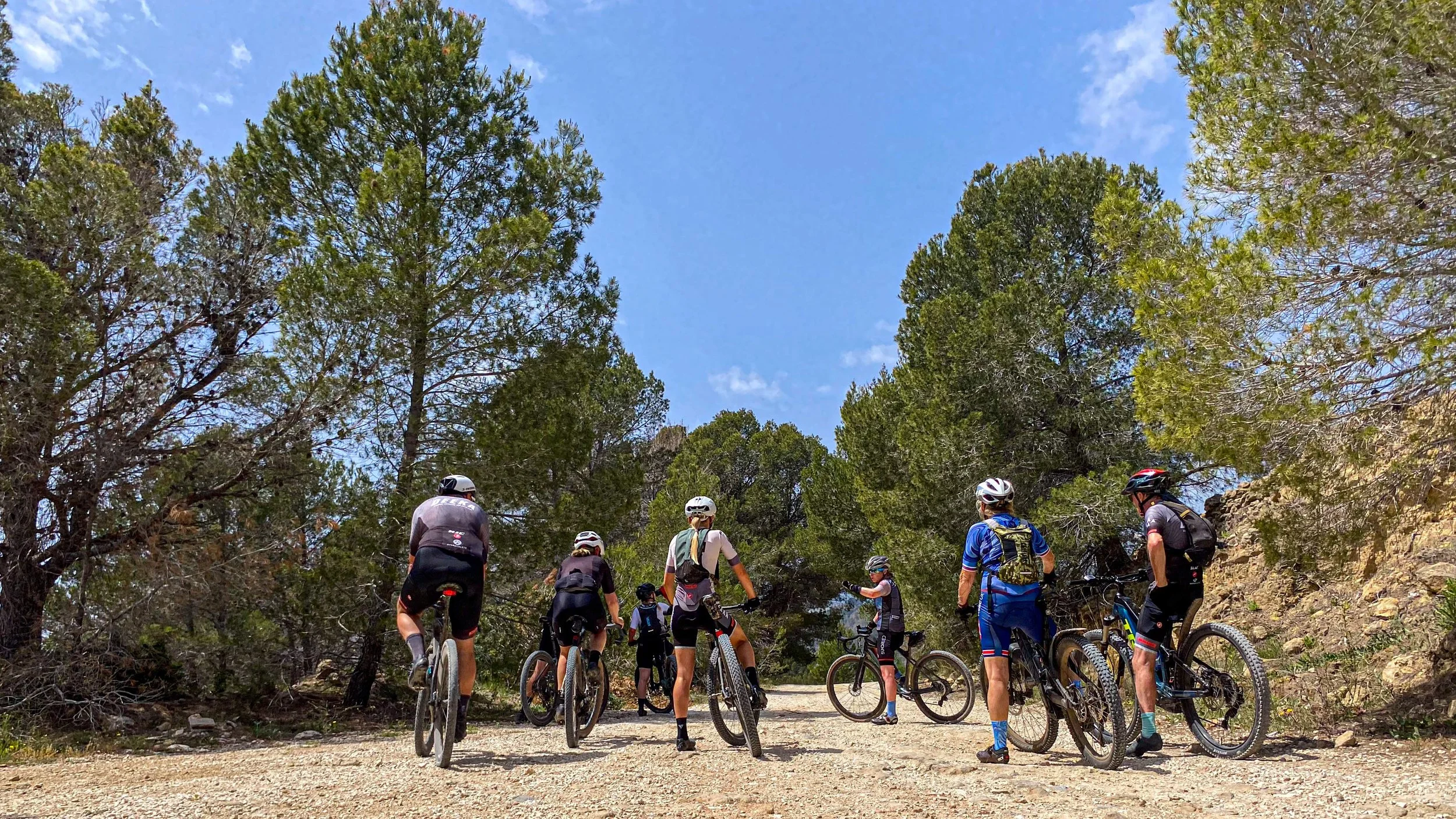 Group of cyclists taking a break on a gravel dirt trail surrounded by pine trees on a sunny day.