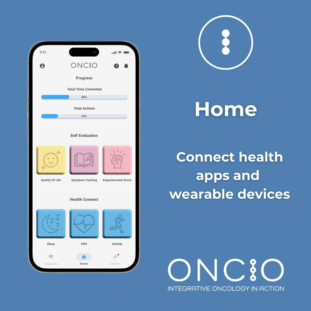 Through the Oncio app Home screen you can track your progress on your chosen program and connect health apps and wearable devices to help keep key health and wellbeing metrics in one place to monitor progress. By connecting with wearable devices and 