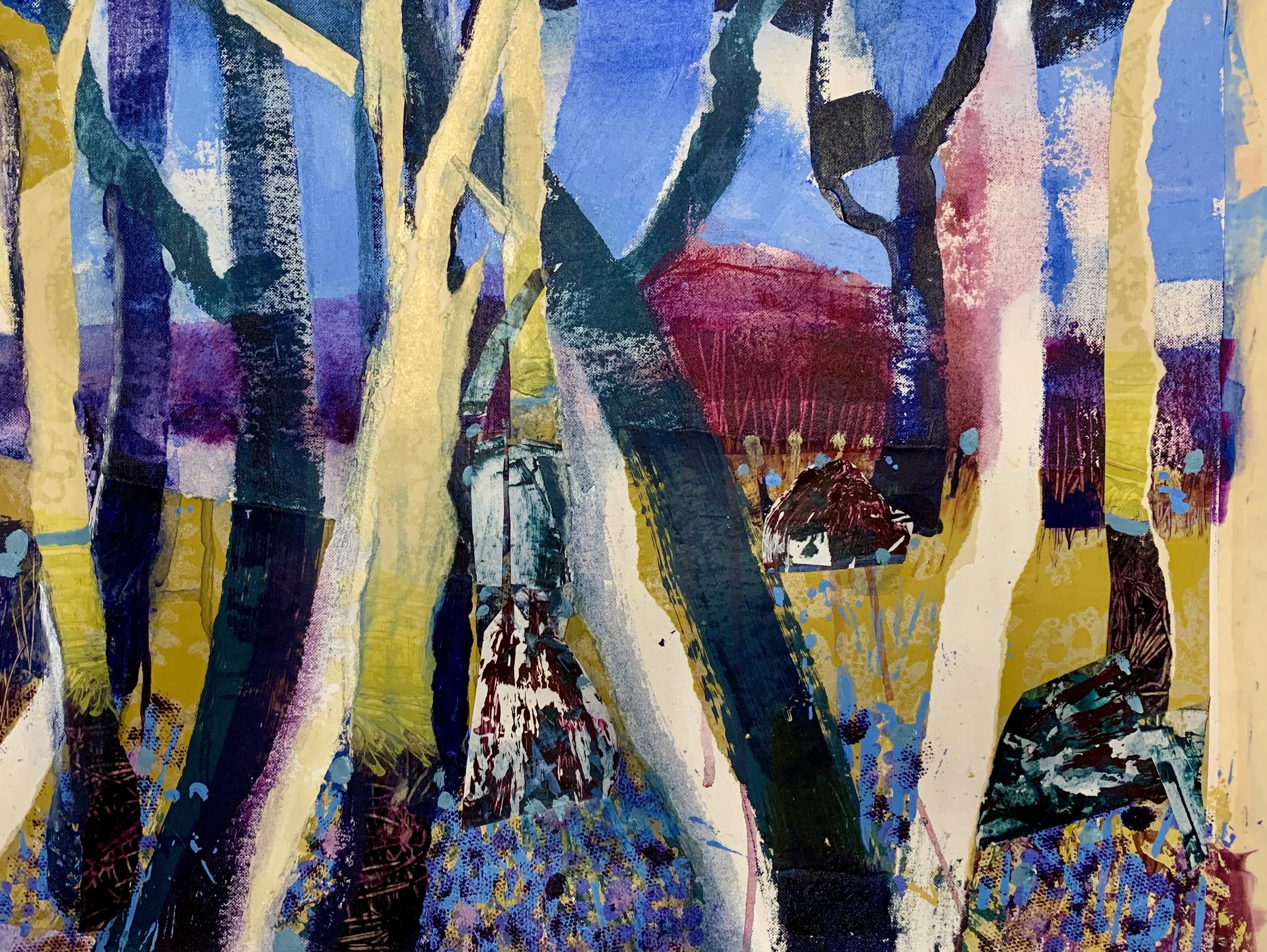 Golden Trees, 2025.
acrylic & mixed media canvas wood panel
40.6 x 50.8 cm  $550 SOLD