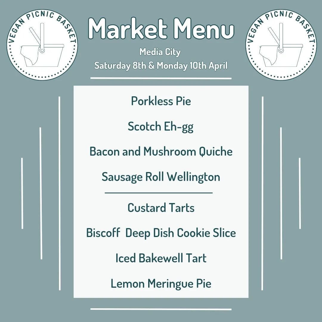 Here's my menu for the Media City @_makersmarket at Salford Quays on Saturday the 8th and Monday the 10th

I'll have my award winning Porkless Pies and why not pick up some vegan Scotch Eh-ggs to hide in the fridge for your kids to find on Easter Sun
