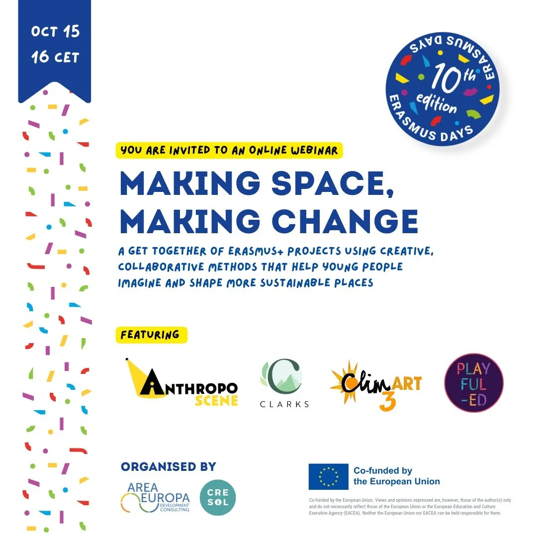🌍✨ Can creativity change the way we teach climate action?

This #ErasmusDays, four Erasmus+ projects come together for MAKING SPACE, MAKING CHANGE: a lively online exchange on creative climate education. 💚

🎭 Theatre
🎨 Art
🎬 Animation
💭 Futures