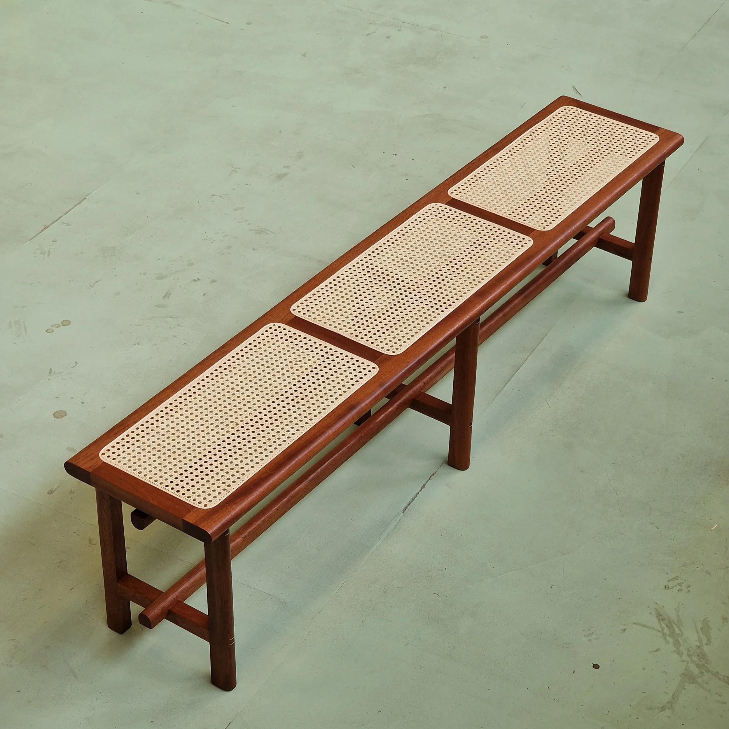 3 seater bench in mahogany with french cane weaving