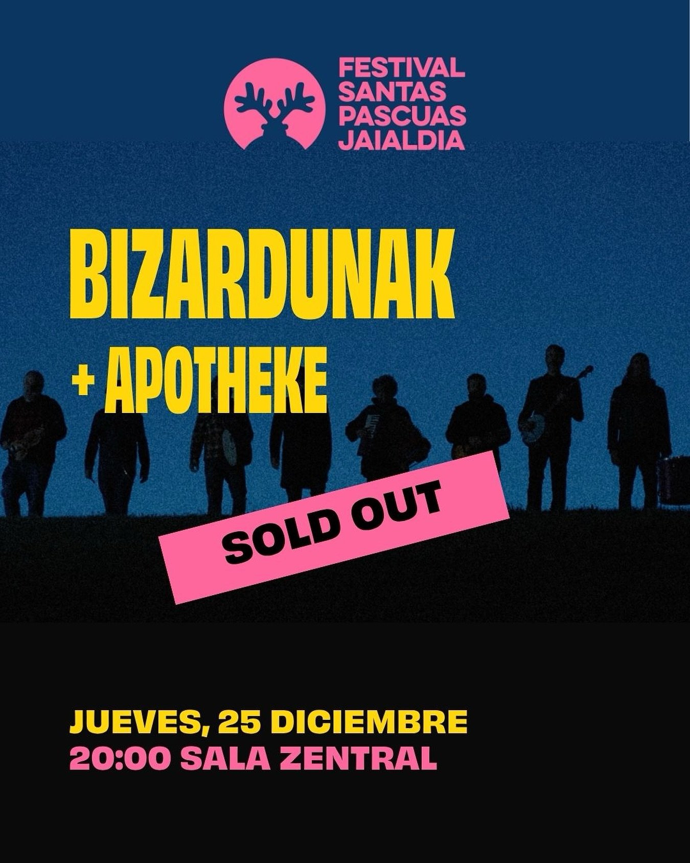 @bizardunak_taldea y @apotheke_90 cuelgan el cartel de &ldquo;Entradas Agotadas&rdquo; para el concierto del 25 de Diciembre en la sala @zentralpamplona .
Y estamos seguros que no ser&aacute;n los &uacute;nicos. Date prisa en pillar tus entradas para